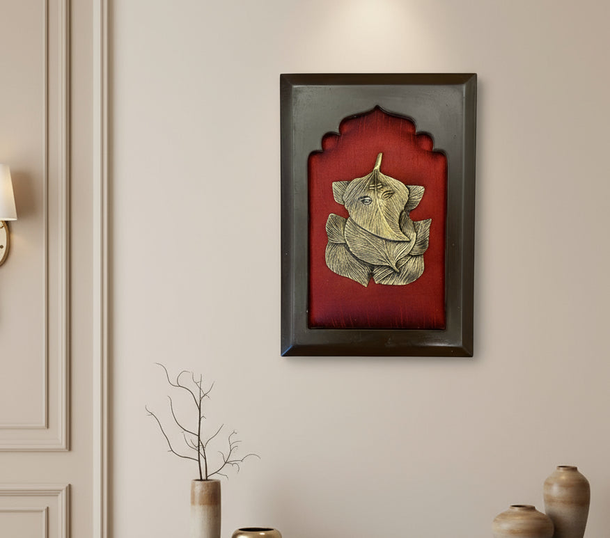 Brass Ganesha with Wine red silk in wooden Frame