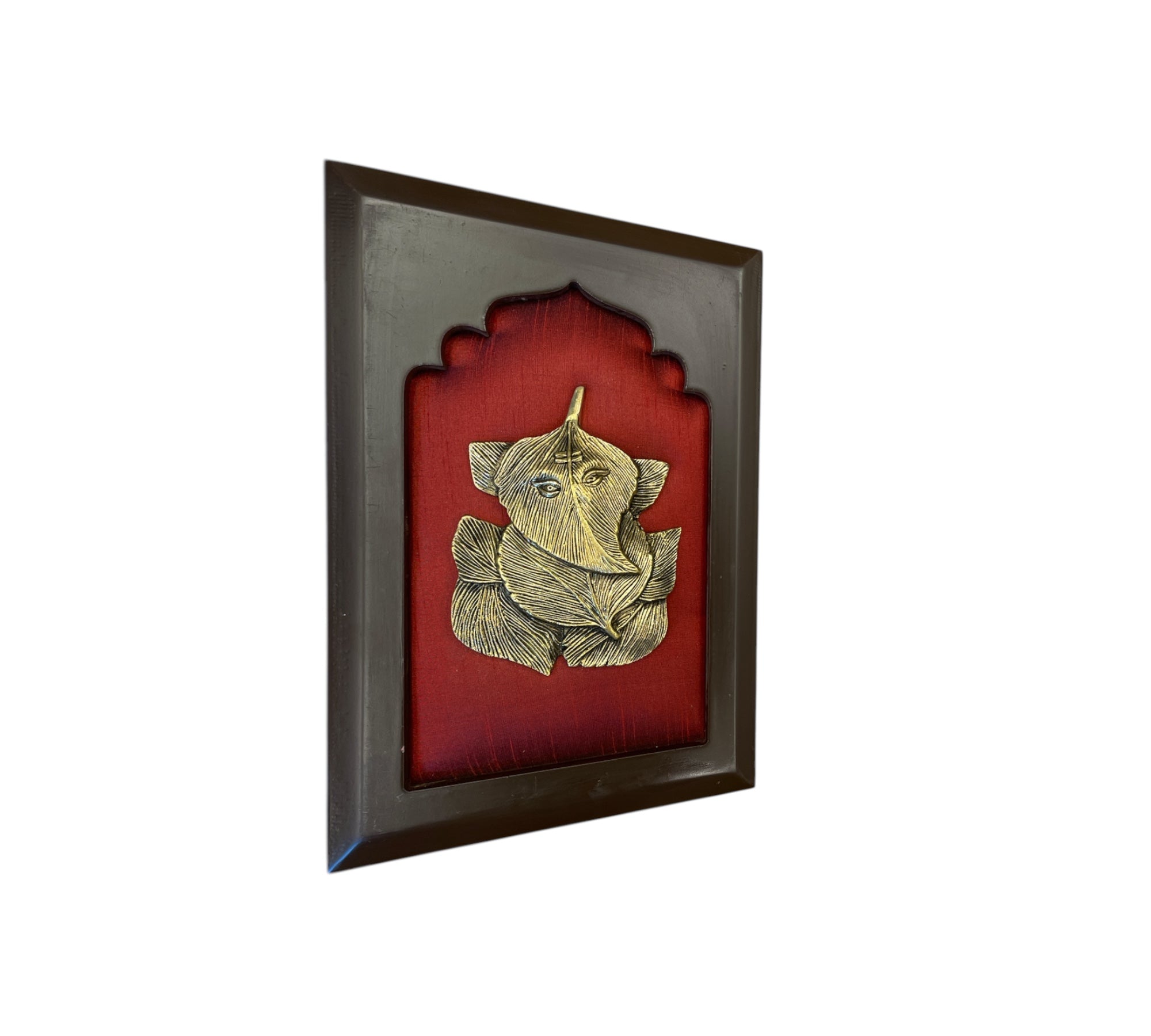 Brass Ganesha with Wine red silk in wooden Frame