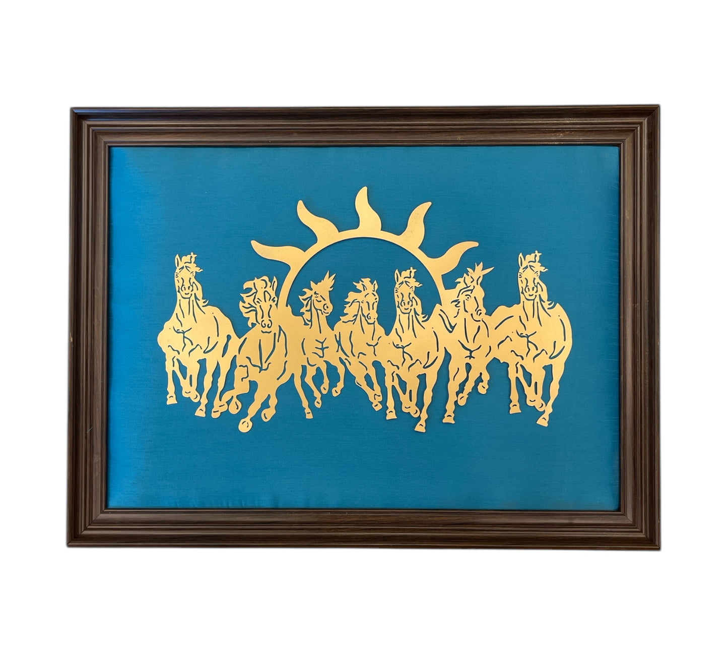 7 Running Horses with Light Blue Silk in Brown Frame