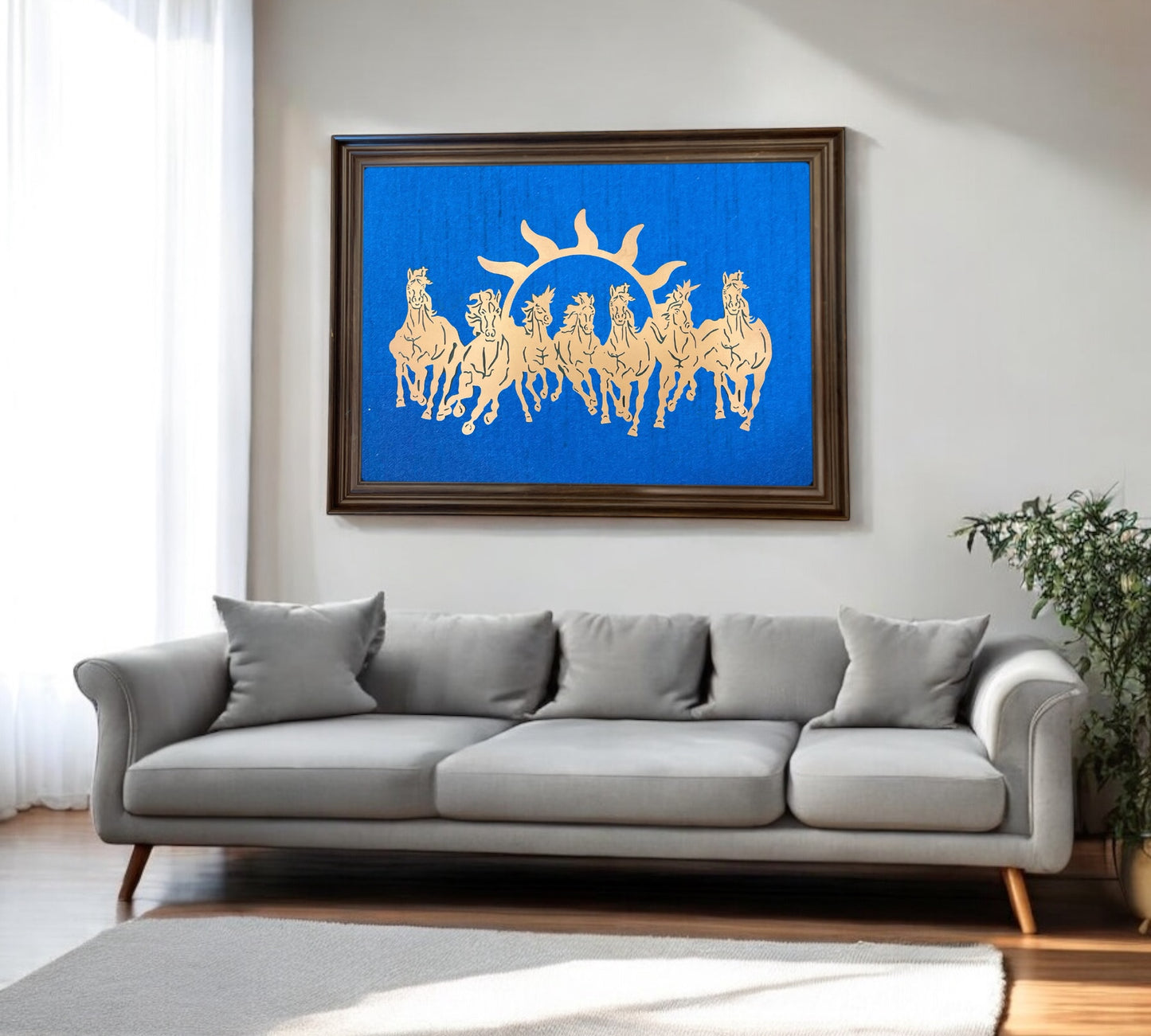 7 Running Horses with Two Tone Indigo Blue Silk in Brown Frame