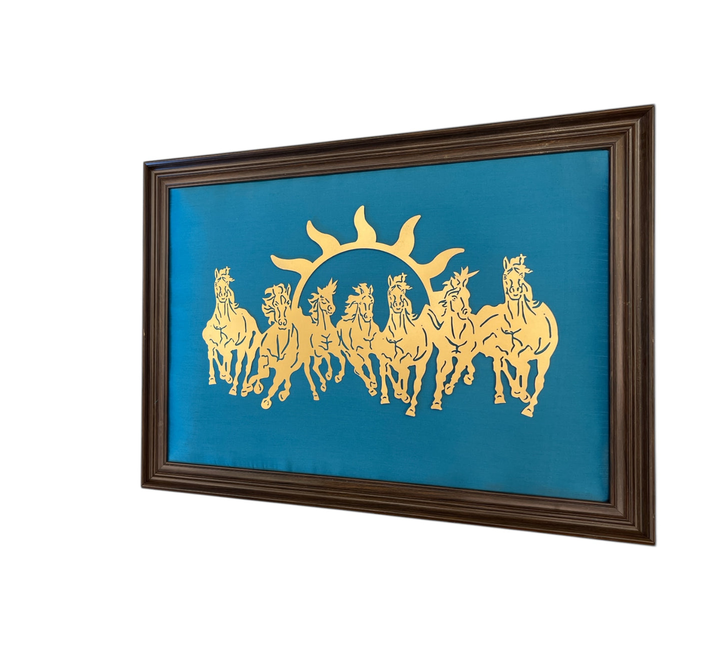 7 Running Horses with Light Blue Silk in Brown Frame