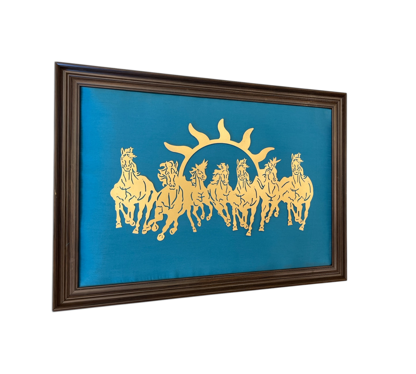 7 Running Horses with Light Blue Silk in Brown Frame