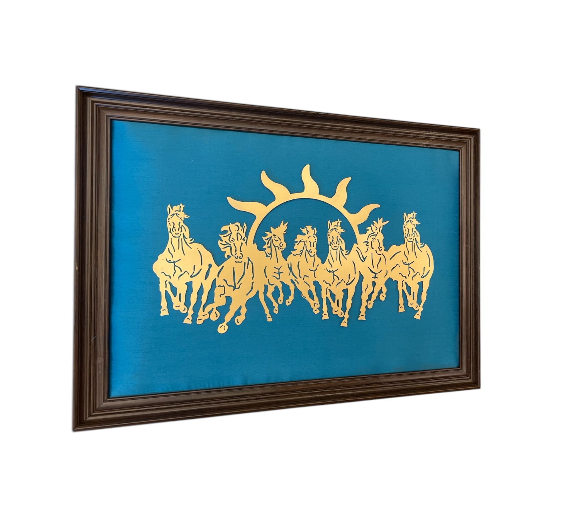 7 Running Horses with Light Blue Silk in Brown Frame