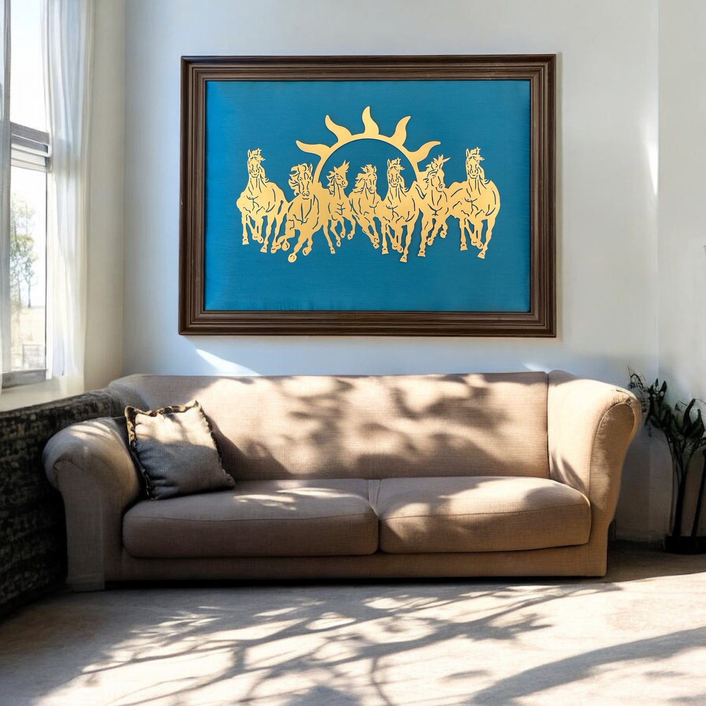 7 Running Horses with Light Blue Silk in Brown Frame