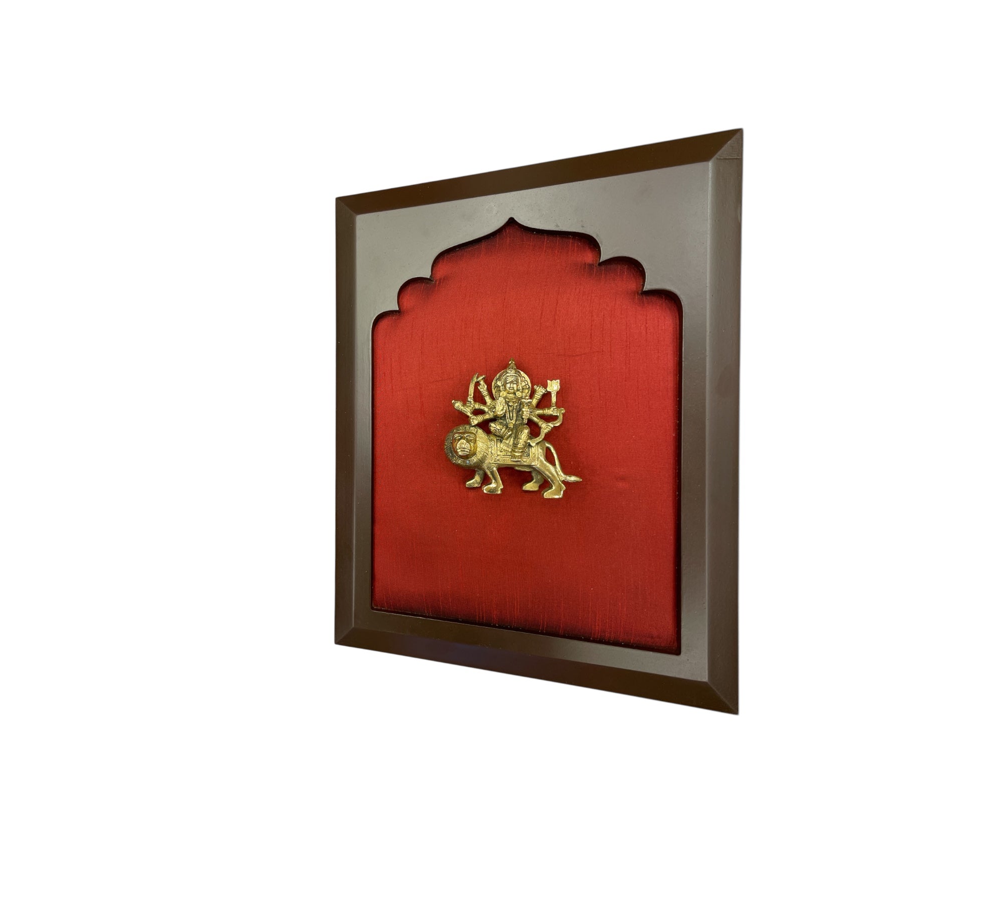 Brass Durga with Wine Red Silk in Wooden Frame