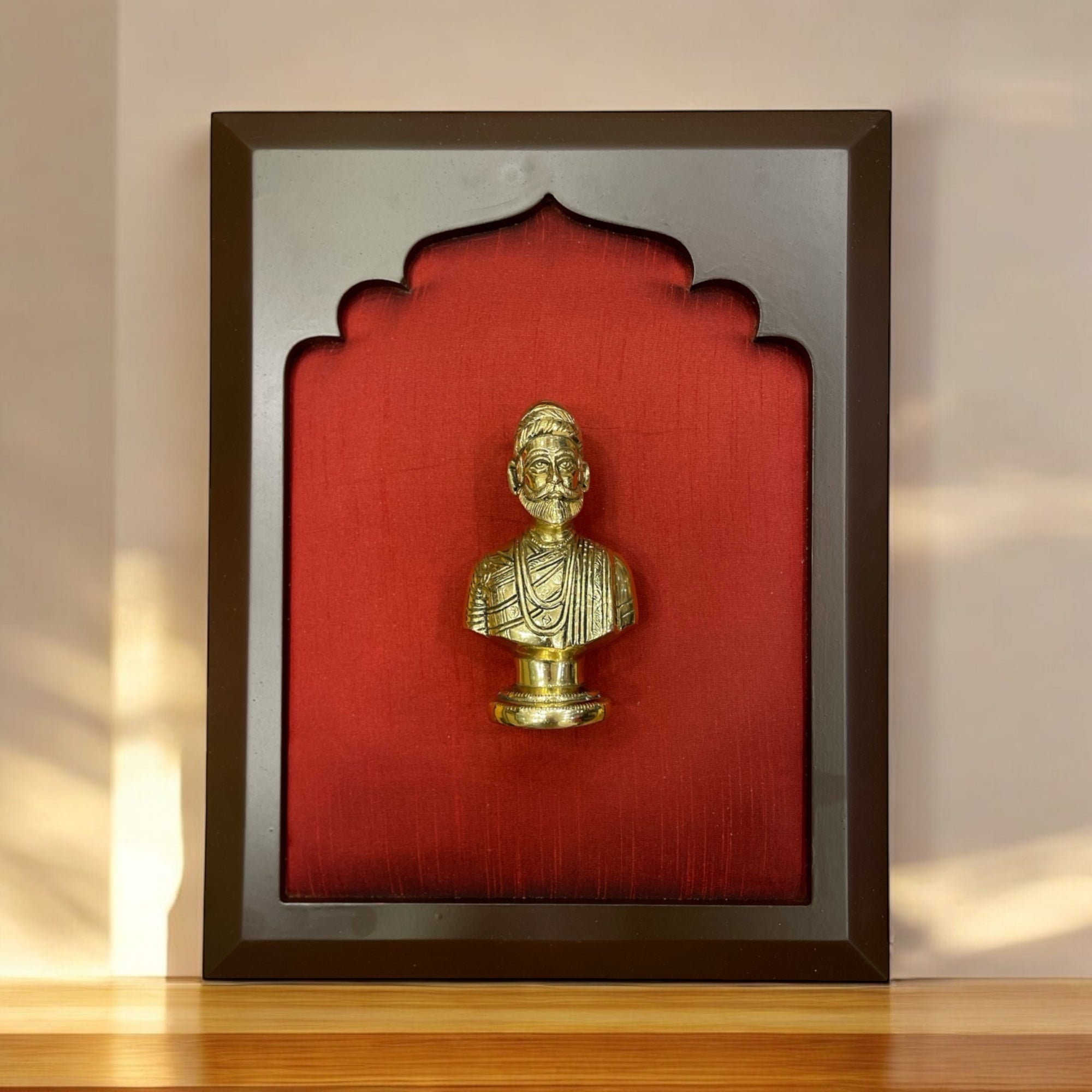 Shivaji : Chatrapati Shivaji Maharaj Brass -2 with Red silk in wooden Frame