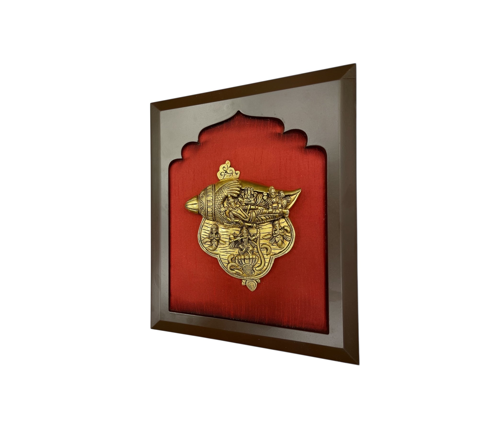 Brass Vishnu & Laxmi Conch in Wine Red Silk in Wooden Frame