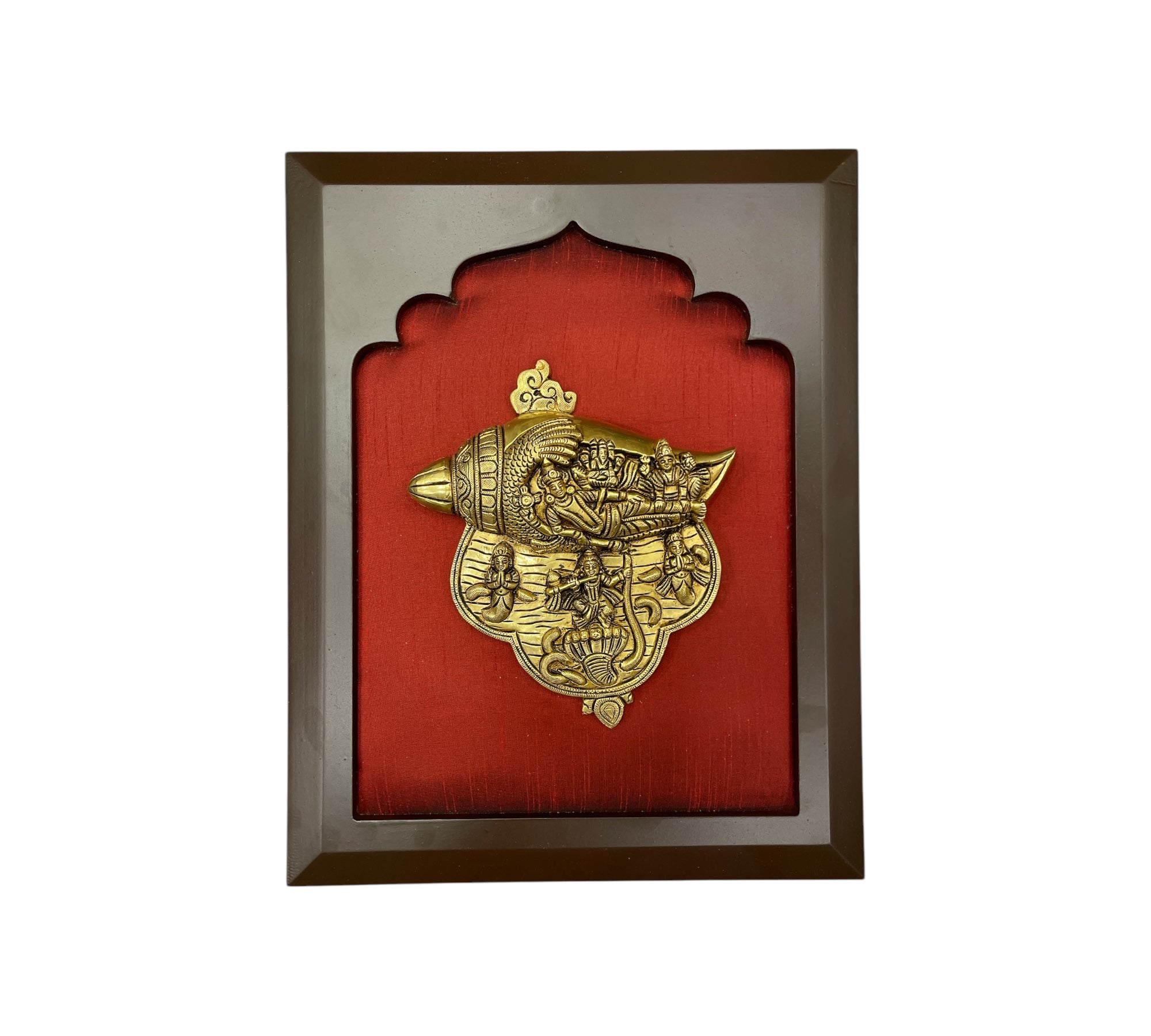 Brass Vishnu & Laxmi Conch in Wine Red Silk in Wooden Frame