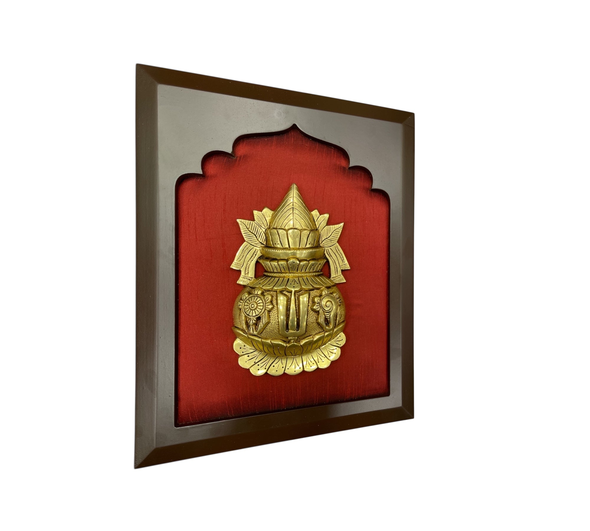 Brass Kalash with Wine Red Silk in wooden Frame