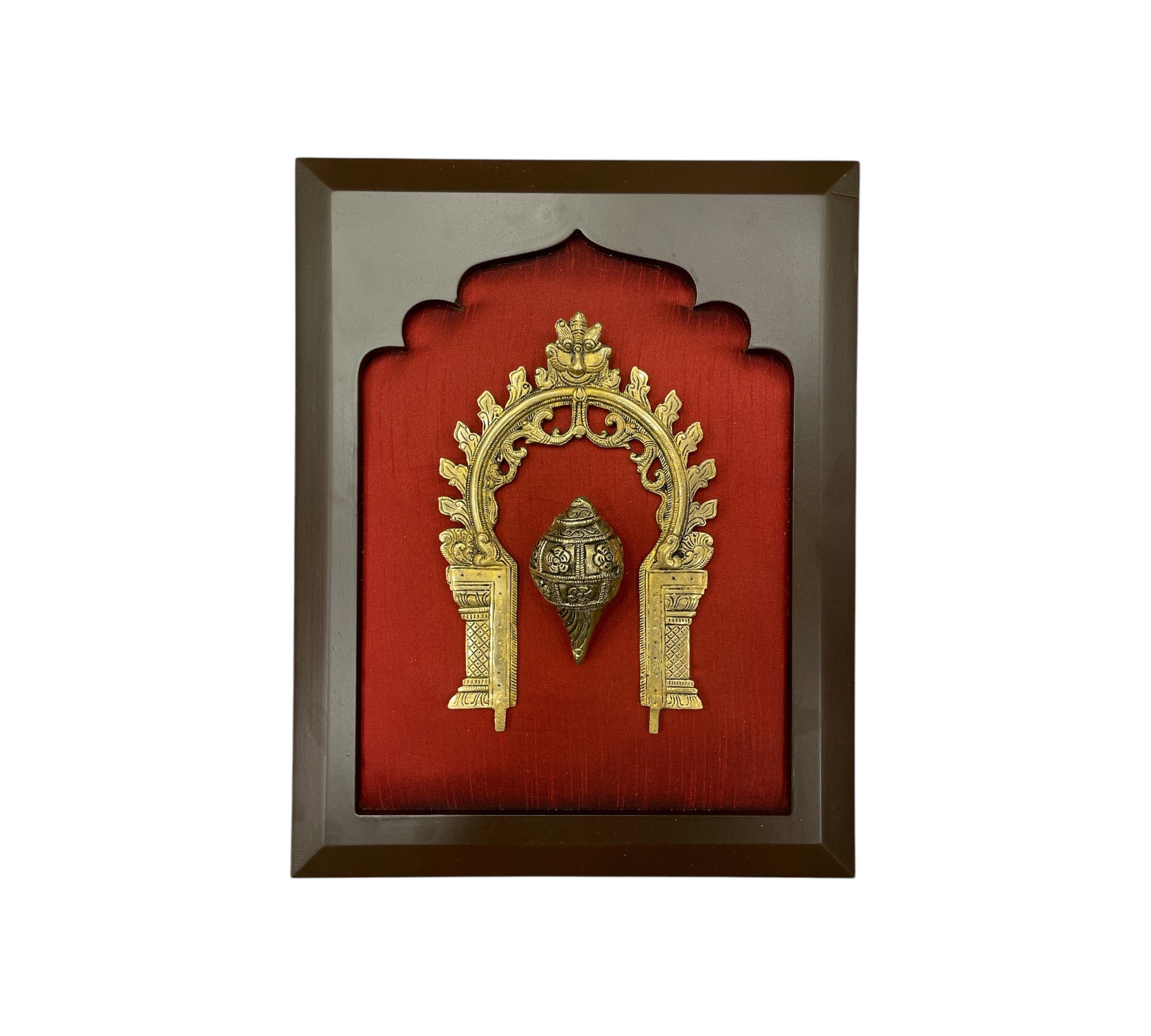 Brass Conch & Prabhavali with Wine Red Silk in Wooden Frame