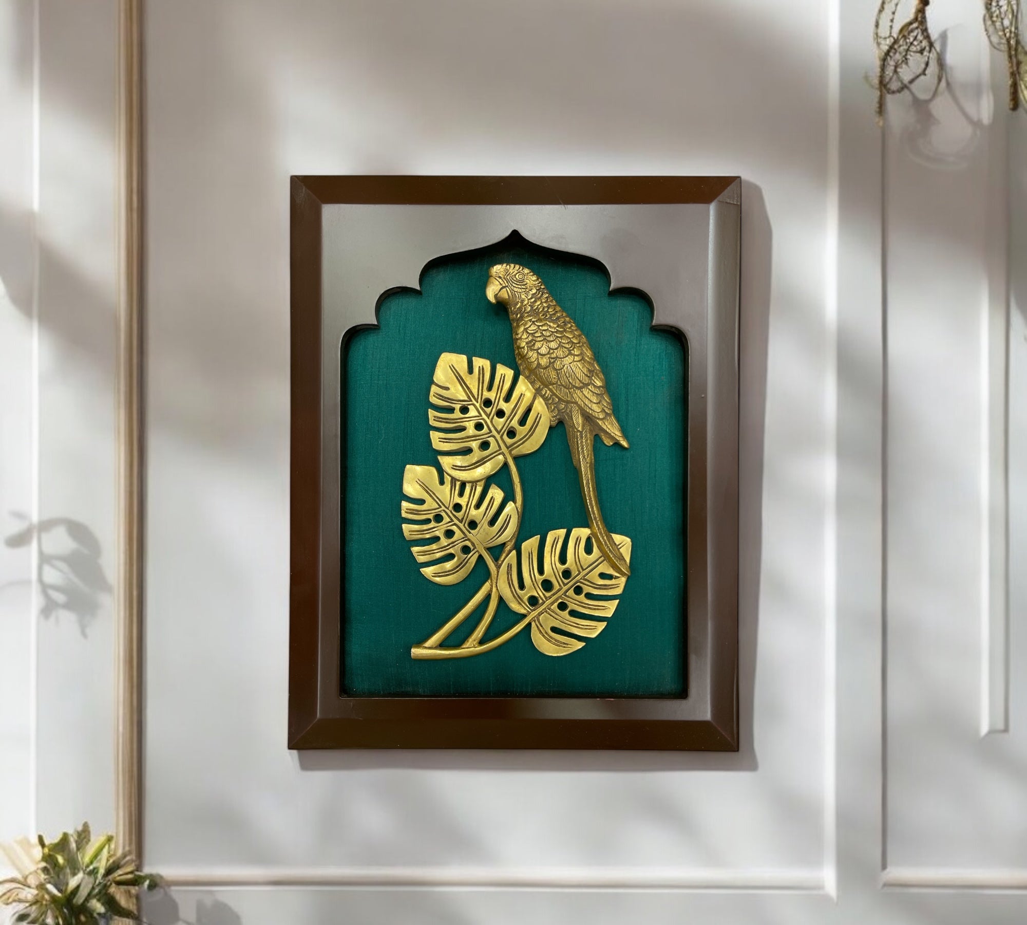 Brass Parrot with Rama Green Silk in Wooden Frame