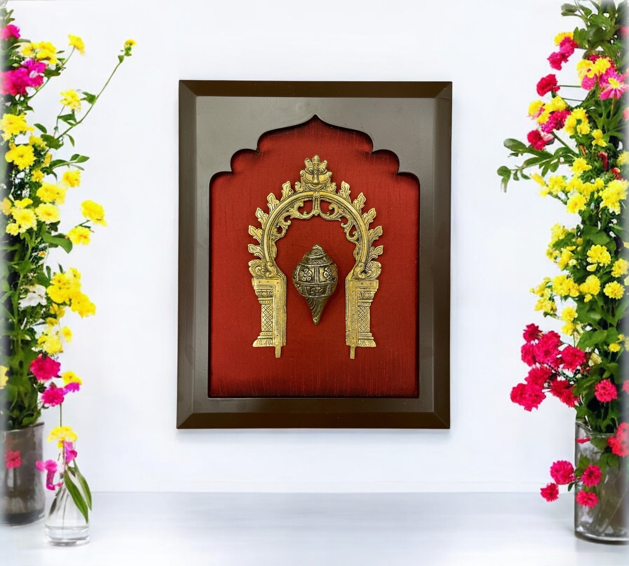 Brass Conch & Prabhavali with Wine Red Silk in Wooden Frame