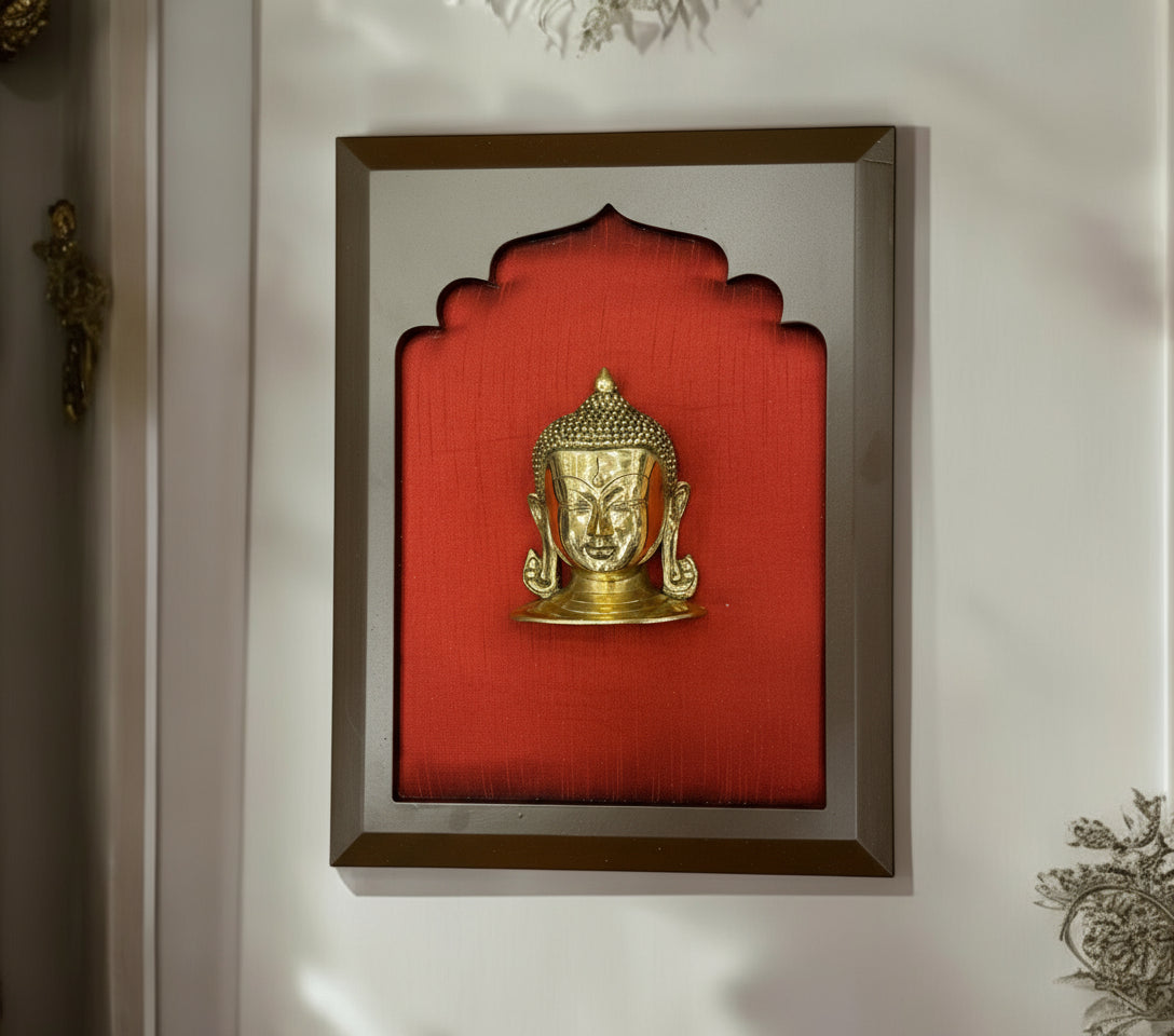 Brass Buddha with Wine Red Silk in Wooden Frame