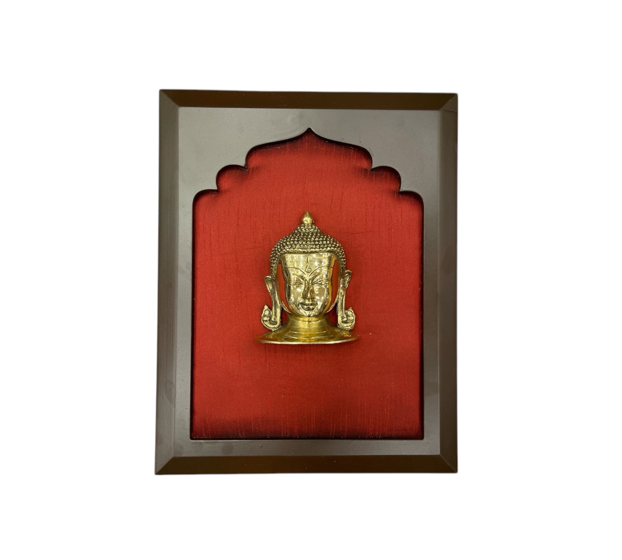 Brass Buddha with Wine Red Silk in Wooden Frame