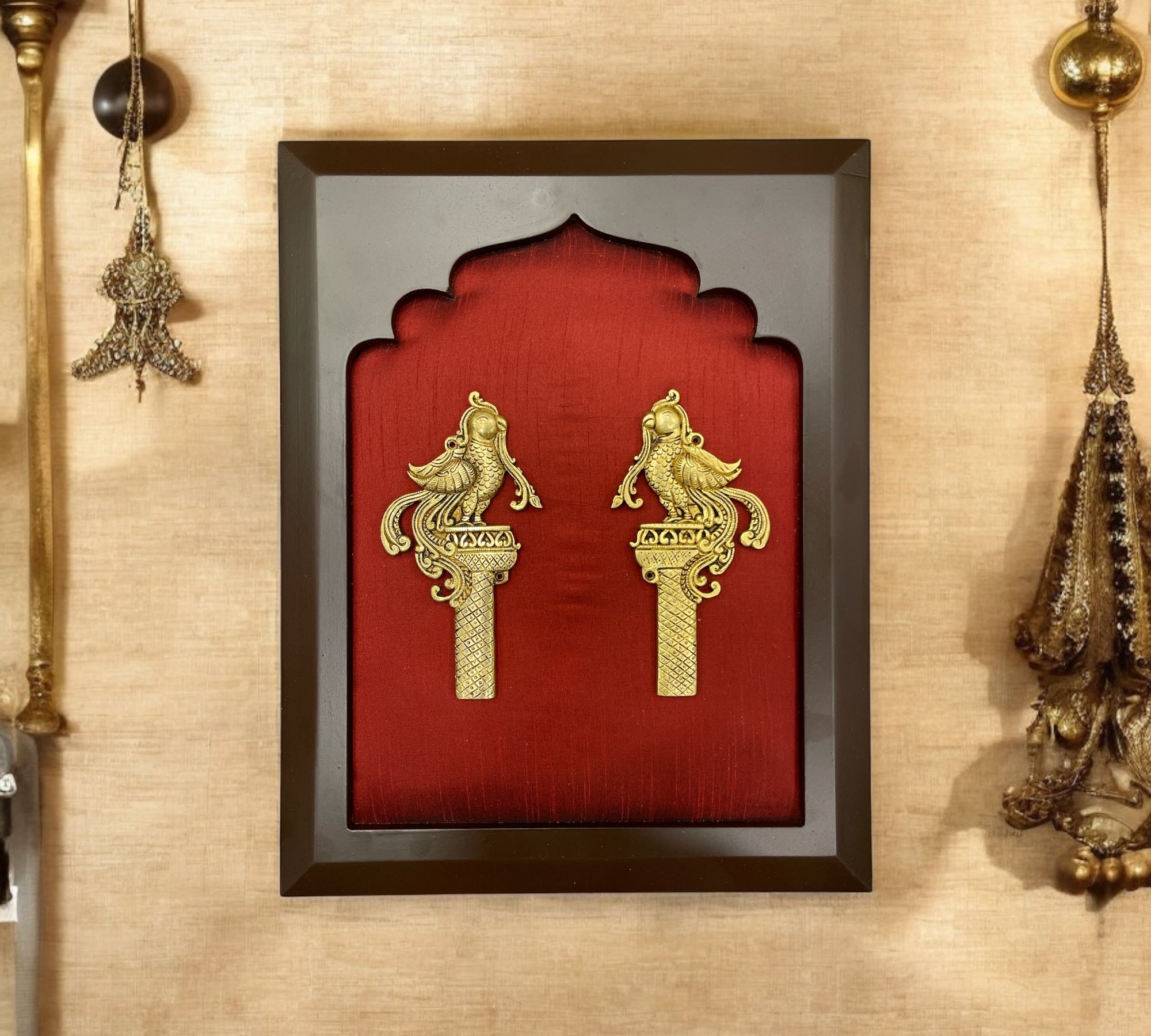 Brass Grand Entrance With Wine Red Silk in Wooden Frame