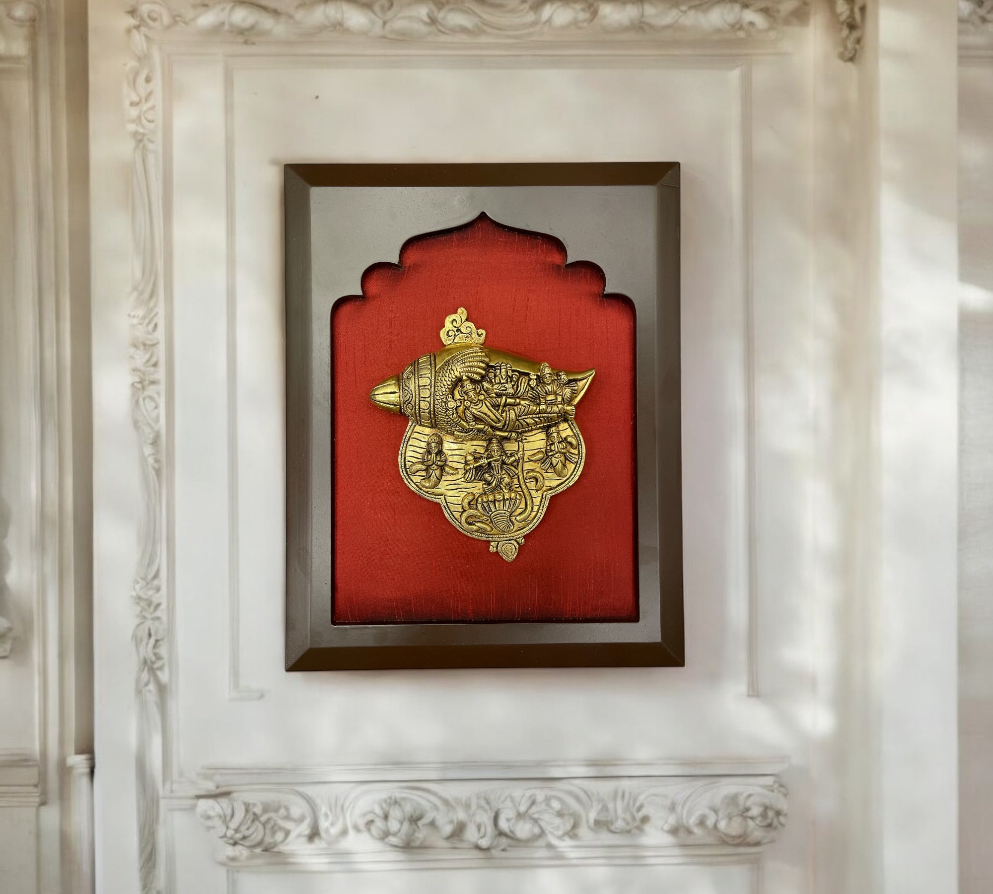 Brass Vishnu & Laxmi Conch in Wine Red Silk in Wooden Frame