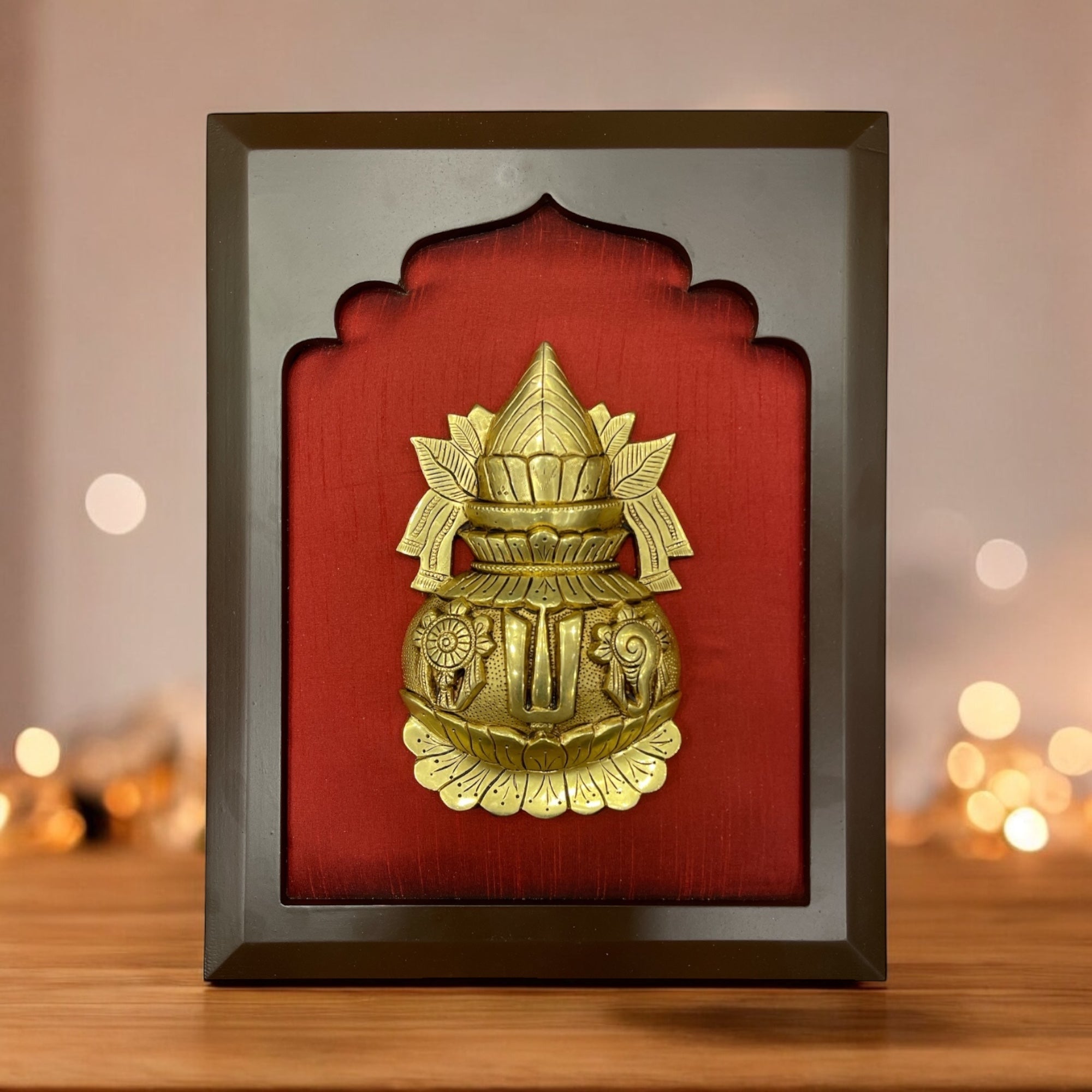 Brass Kalash with Wine Red Silk in wooden Frame
