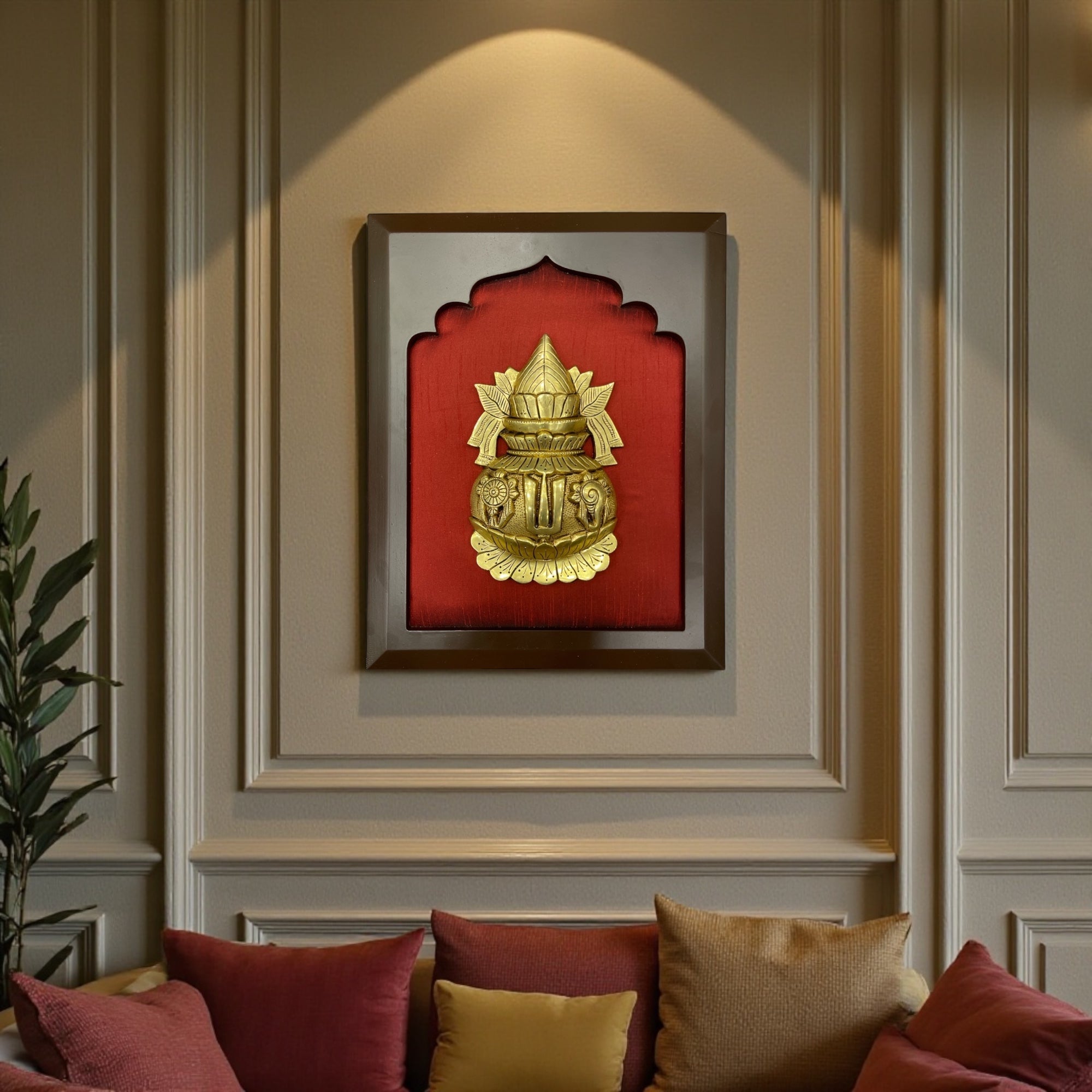 Brass Kalash with Wine Red Silk in wooden Frame