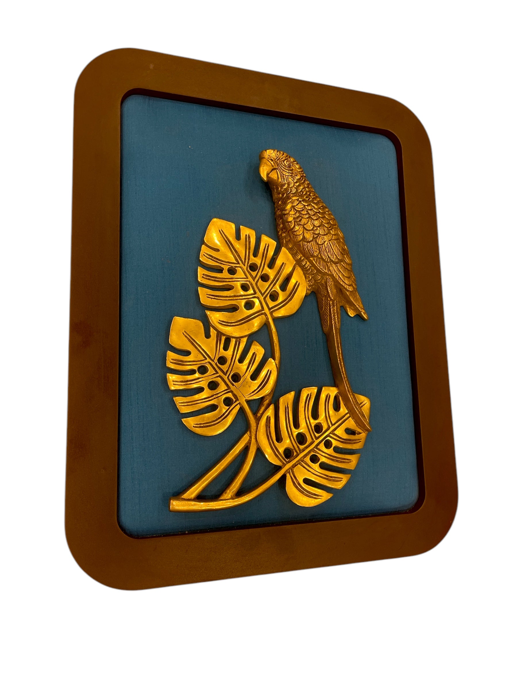 Brass Parrot with Blue Silk in Wooden Frame | Elegant Wall Art by Estudio