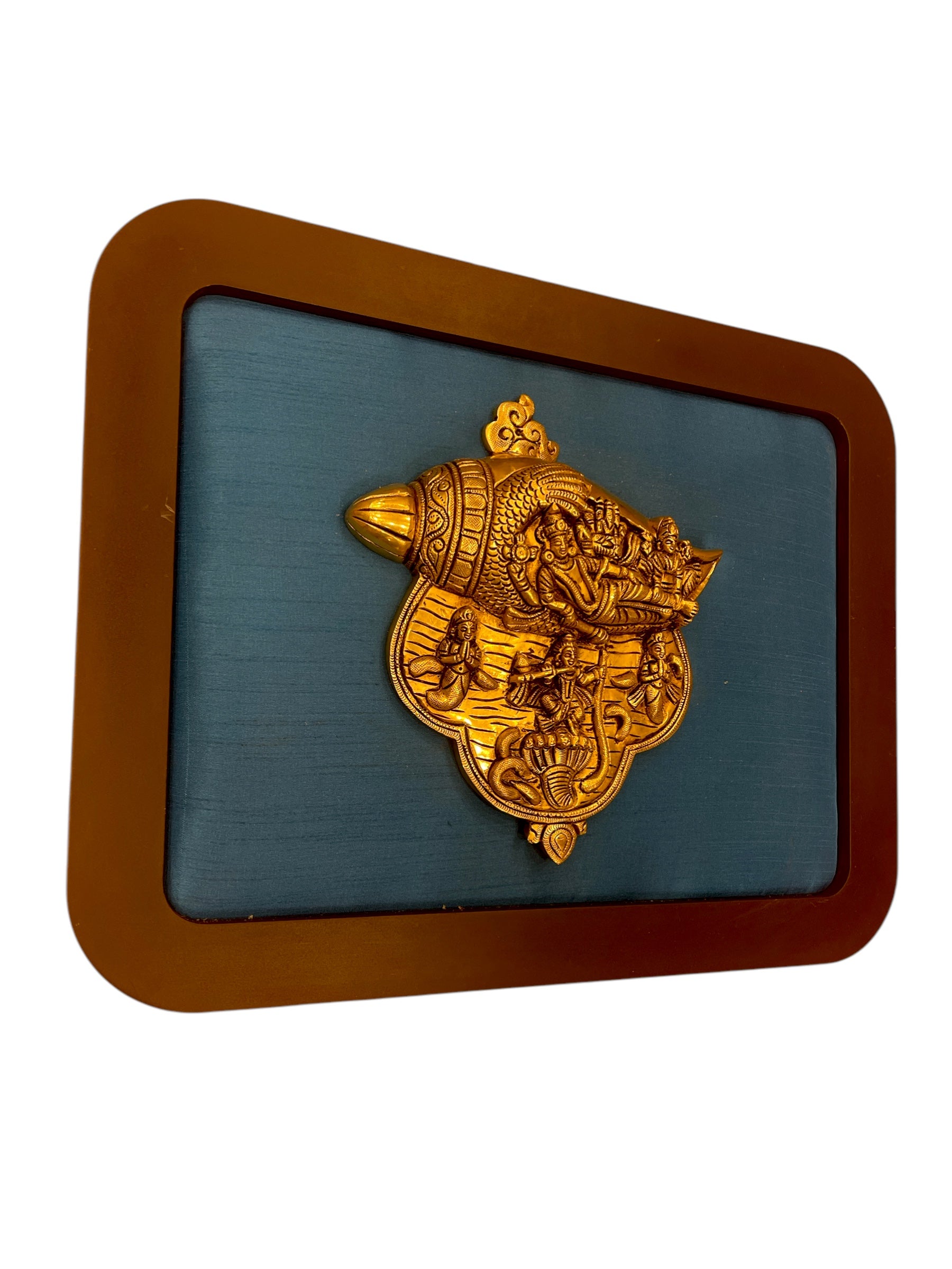 Brass Vishnu & Laxmi Conch in Blue Silk in Wooden Frame