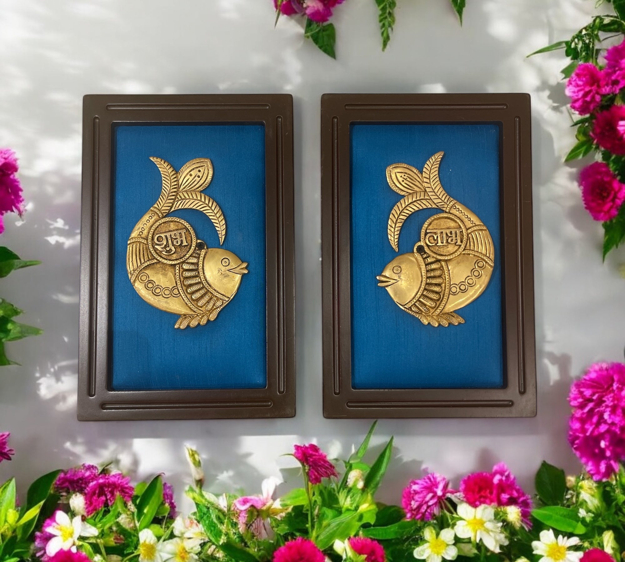 Brass Subh, Labh Fish with Blue silk in wooden frame