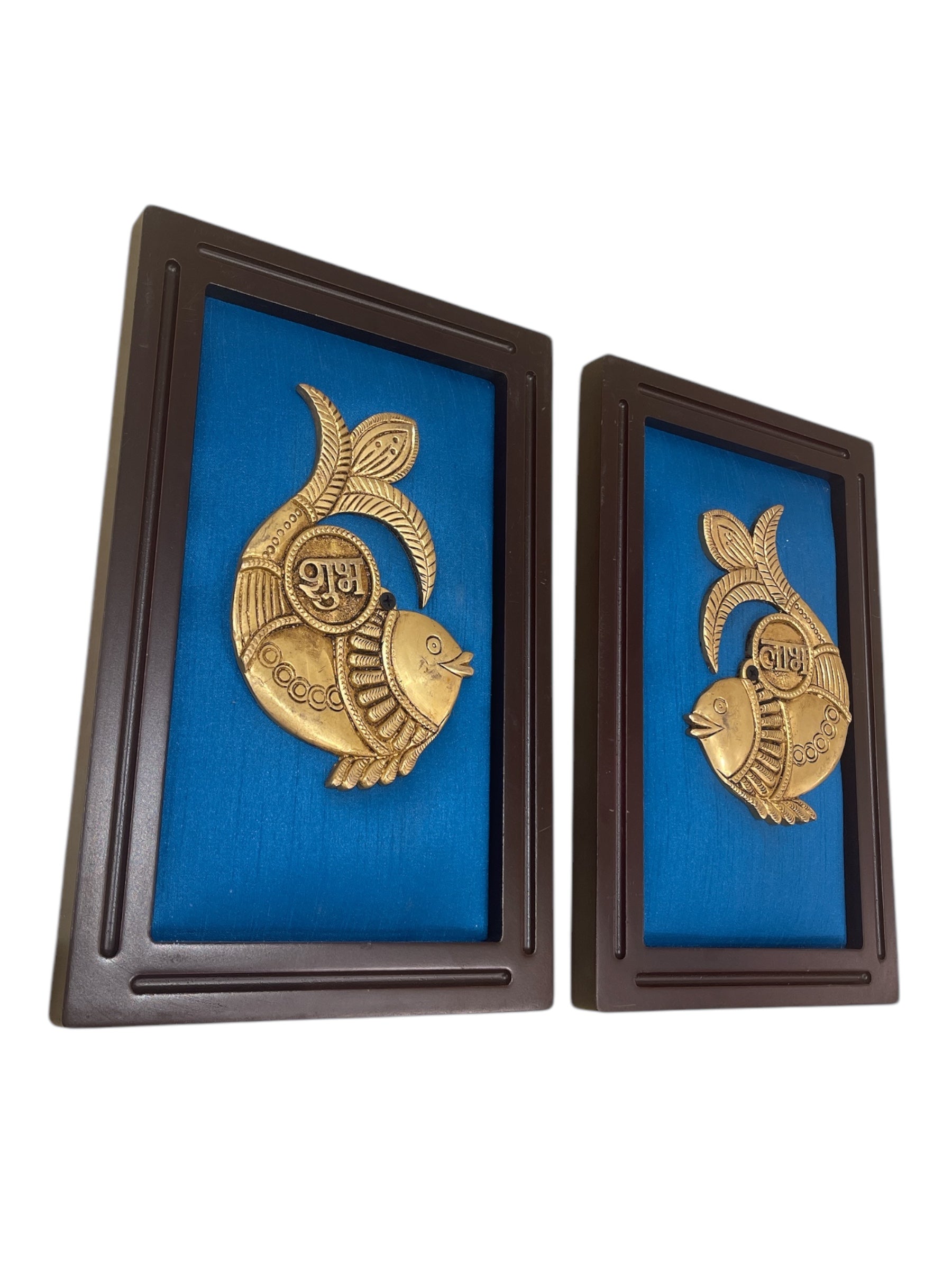 Brass Subh, Labh Fish with Blue silk in wooden frame
