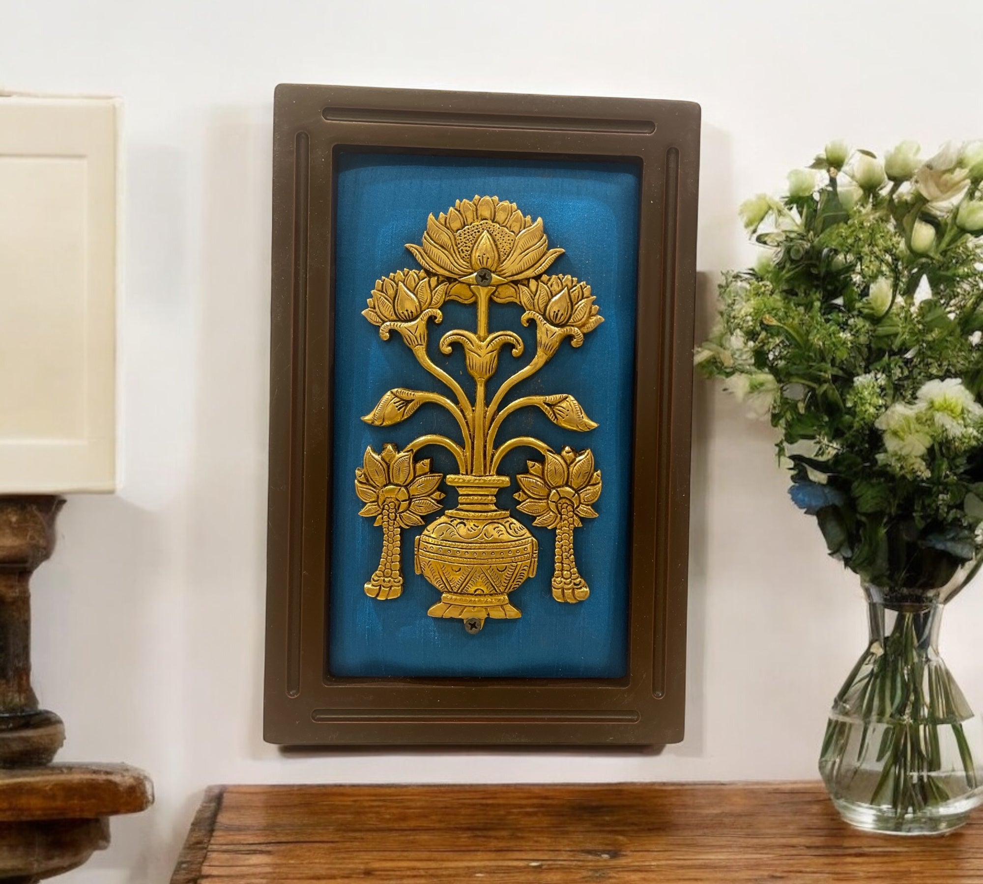 Brass Flower vase with Blue silk in wooden frame