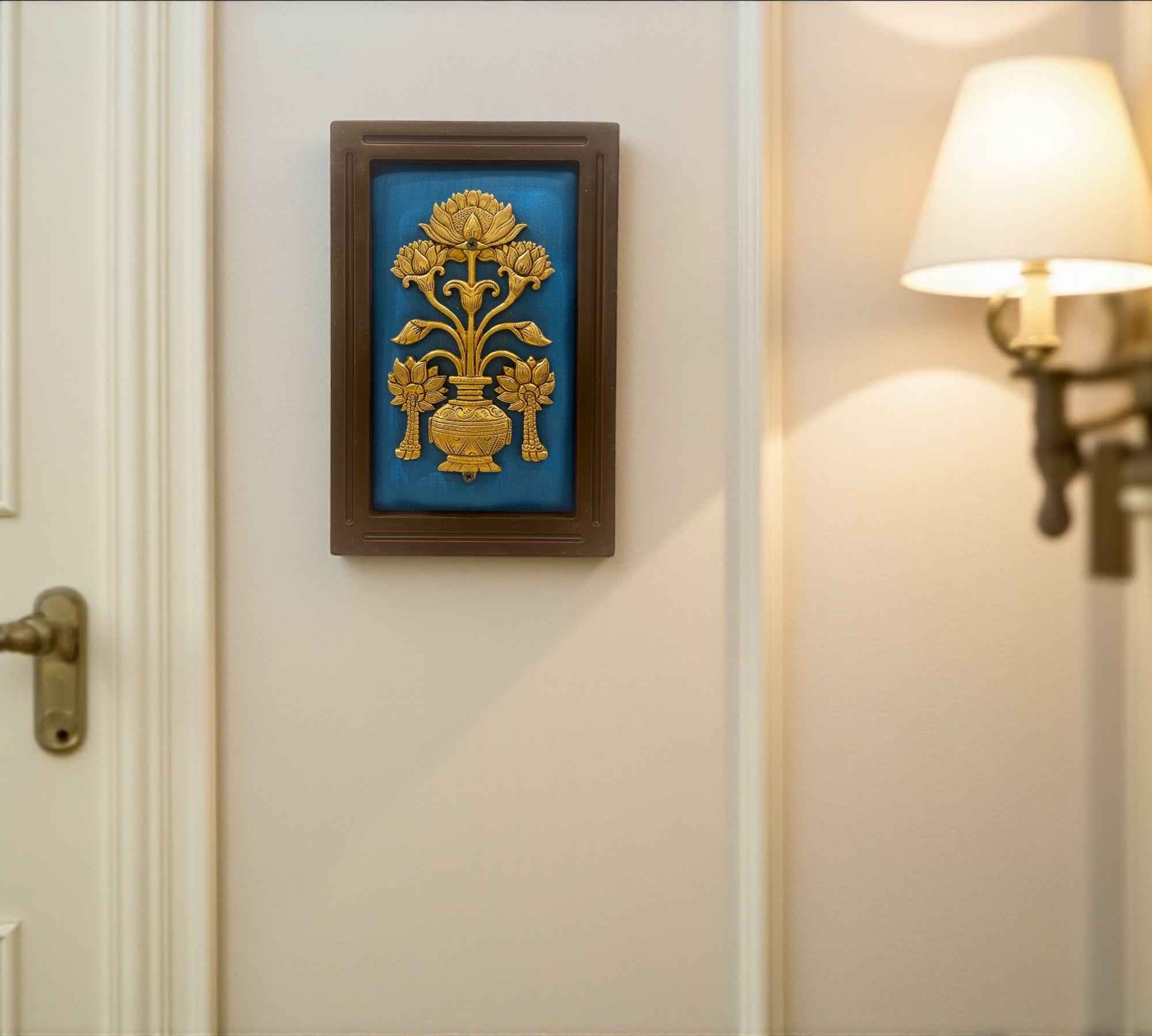 Brass Flower vase with Blue silk in wooden frame
