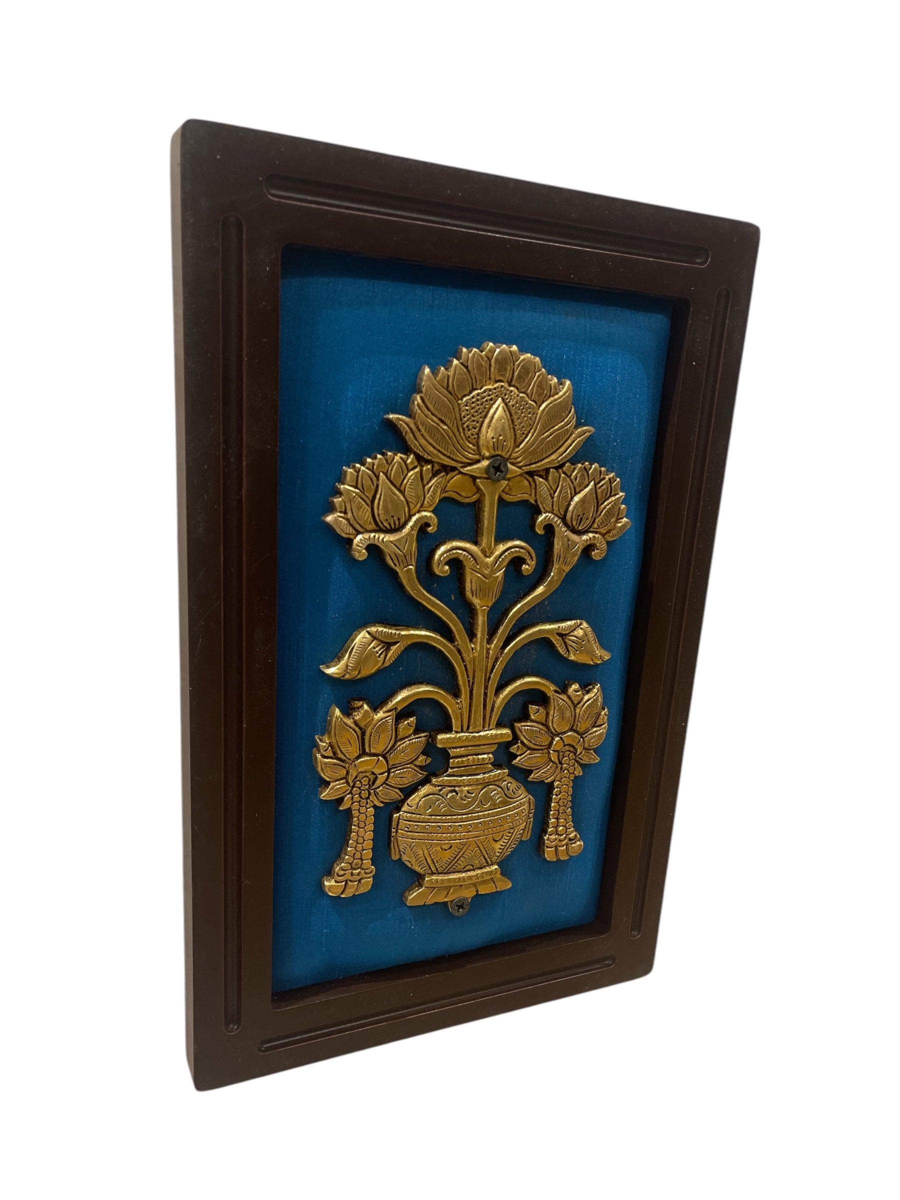 Brass Flower vase with Blue silk in wooden frame