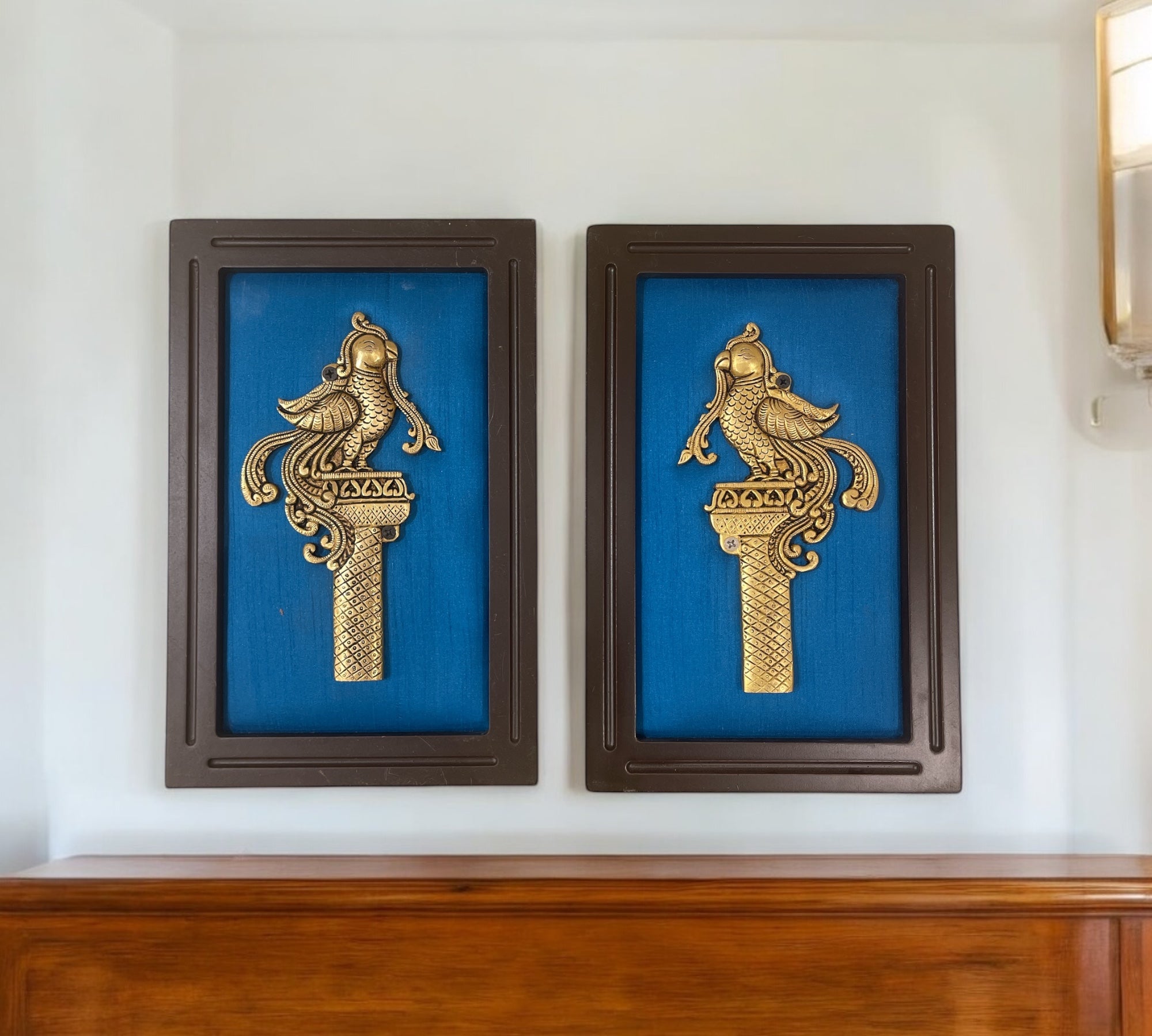 Brass Pair Parrot of Grand Entrance with Blue Silk in Wooden Frame | Traditional Wall Art by Estudio
