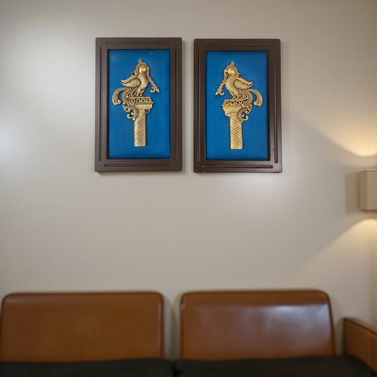 Brass Pair Parrot of Grand Entrance with Blue Silk in Wooden Frame | Traditional Wall Art by Estudio