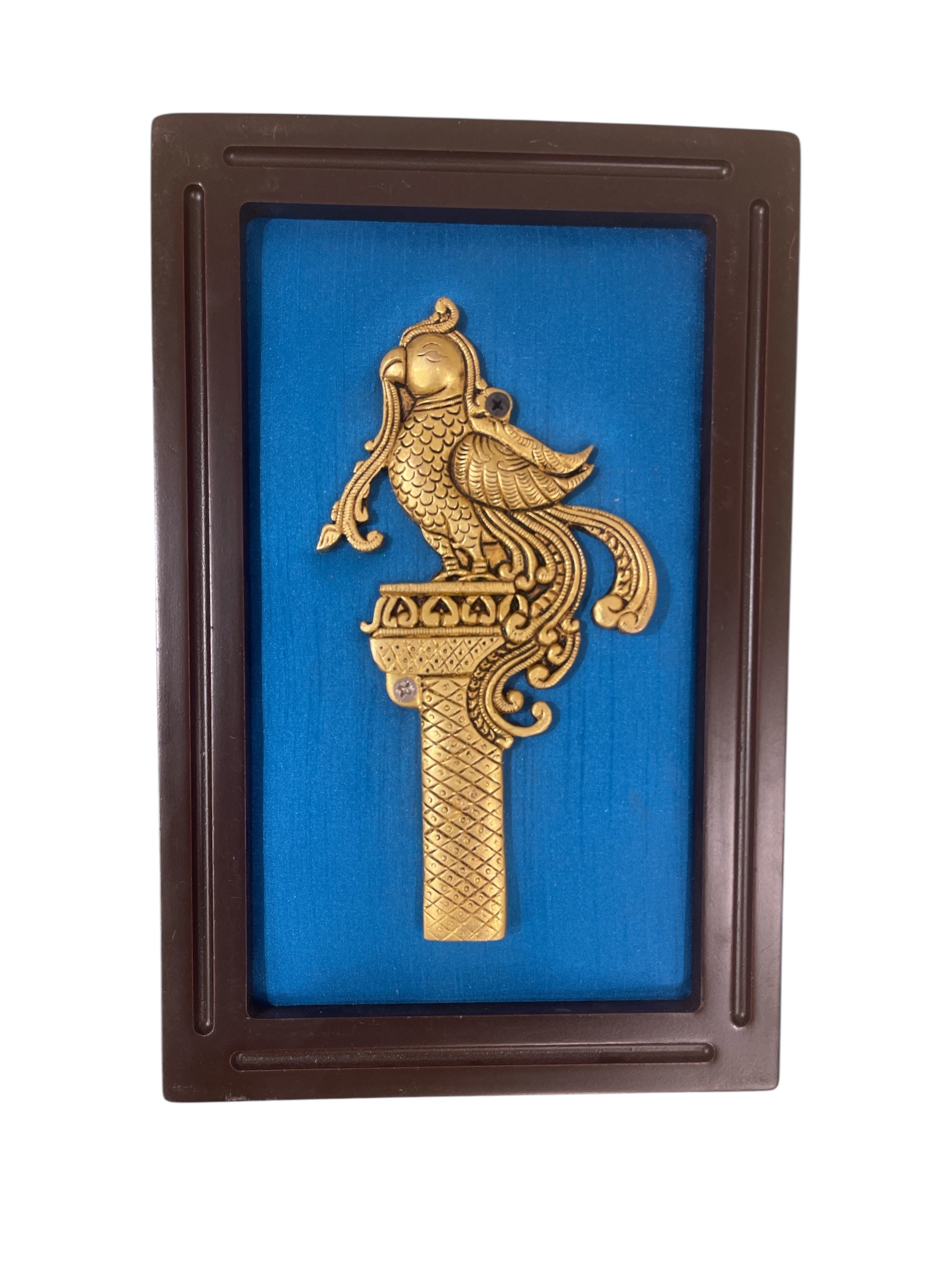 Brass Pair Parrot of Grand Entrance with Blue Silk in Wooden Frame | Traditional Wall Art by Estudio