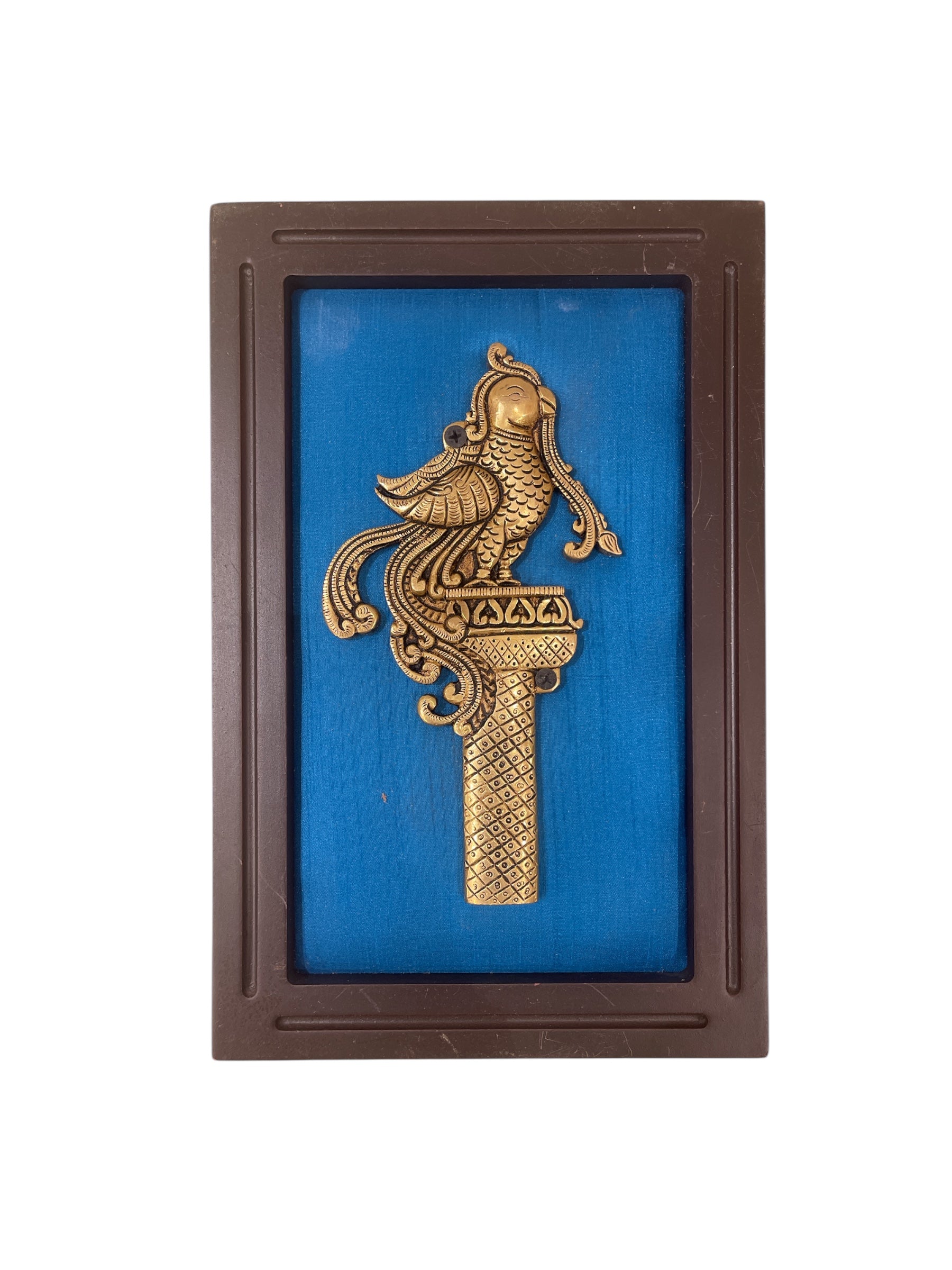 Brass Pair Parrot of Grand Entrance with Blue Silk in Wooden Frame | Traditional Wall Art by Estudio