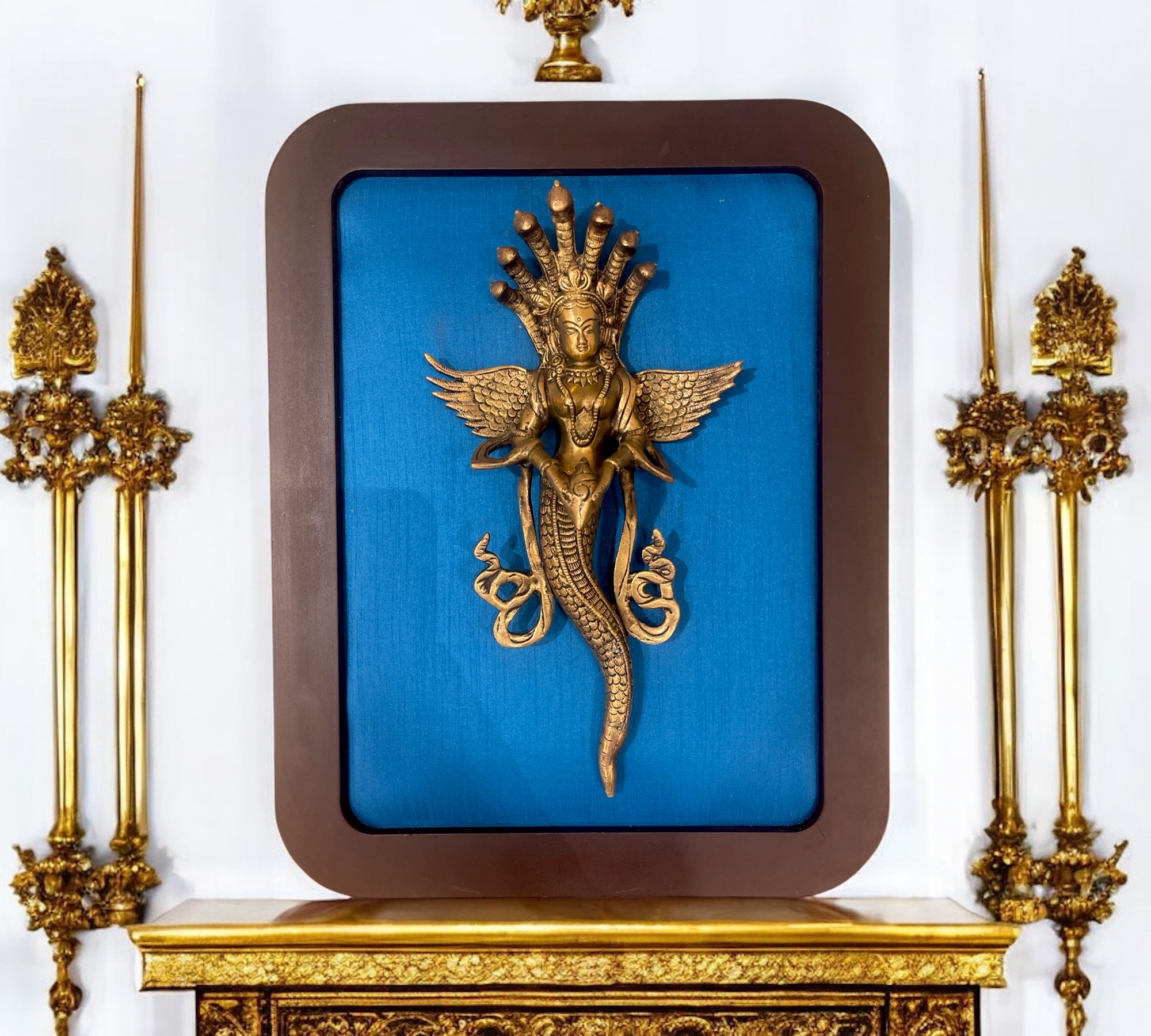 Brass NagaKanya with Blue Silk in Wooden Frame