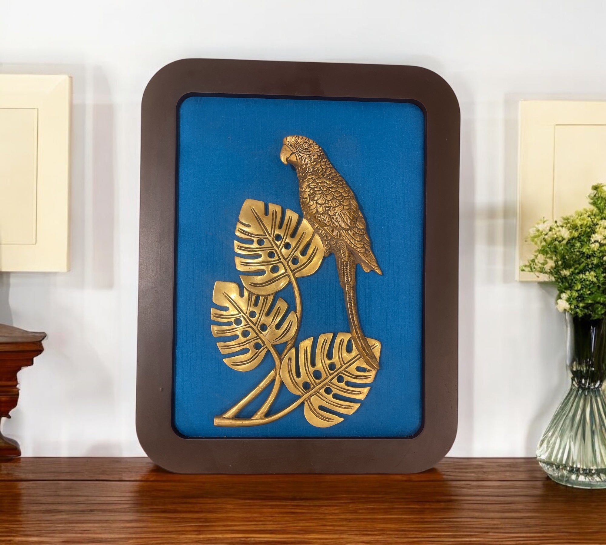 Brass Parrot with Blue Silk in Wooden Frame | Elegant Wall Art by Estudio