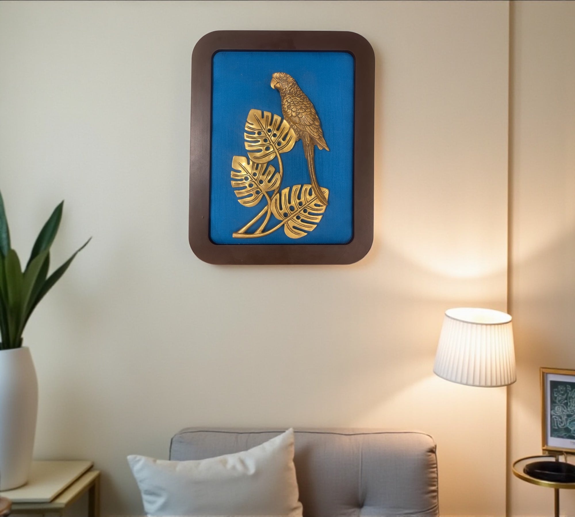 Brass Parrot with Blue Silk in Wooden Frame | Elegant Wall Art by Estudio
