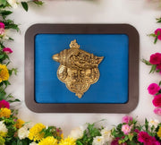 Brass Vishnu & Laxmi Conch in Blue Silk in Wooden Frame