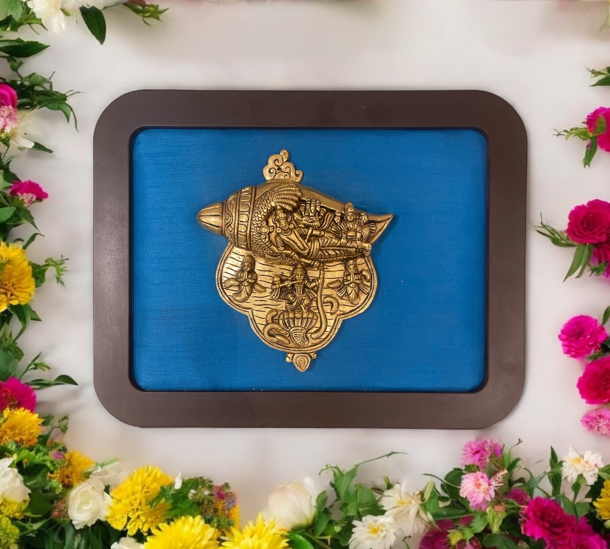 Brass Vishnu & Laxmi Conch in Blue Silk in Wooden Frame