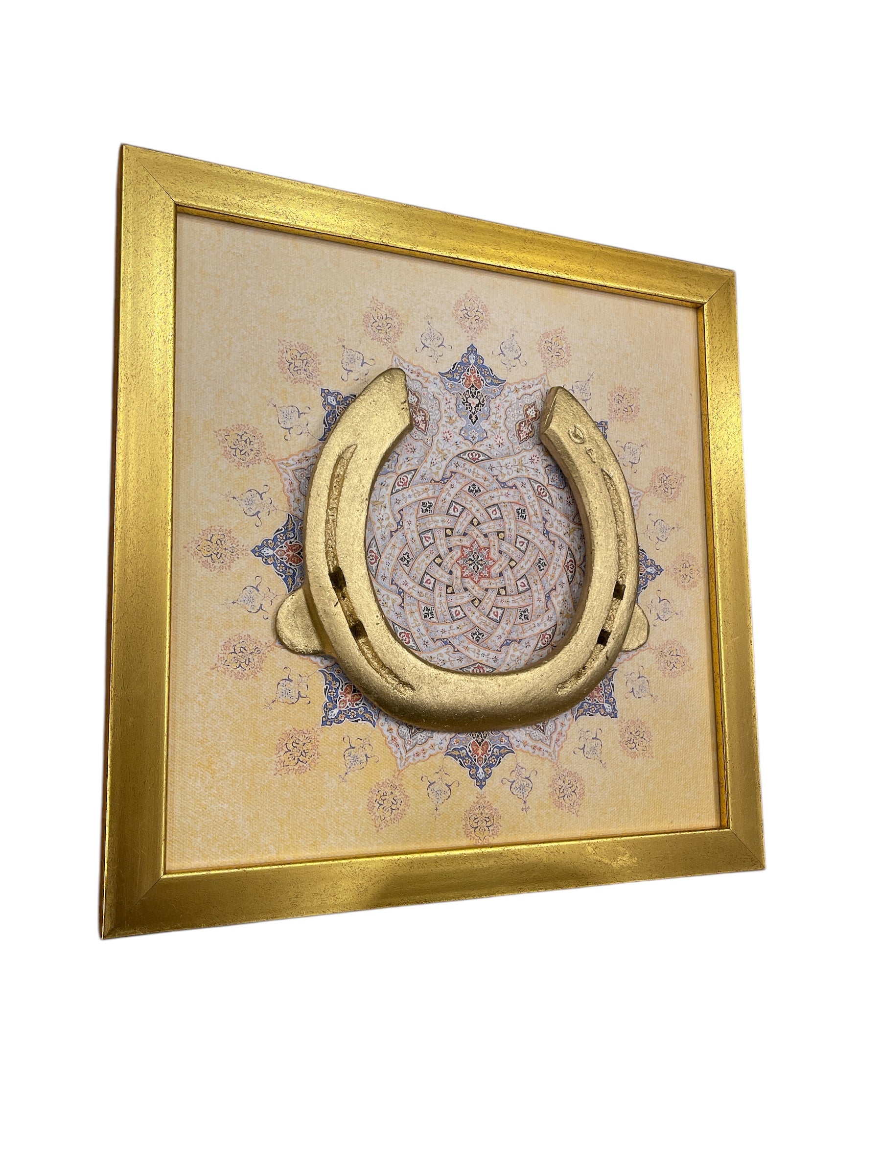 Good Luck Brass Horse shoe with Mandala Backdrop in Gold Frame