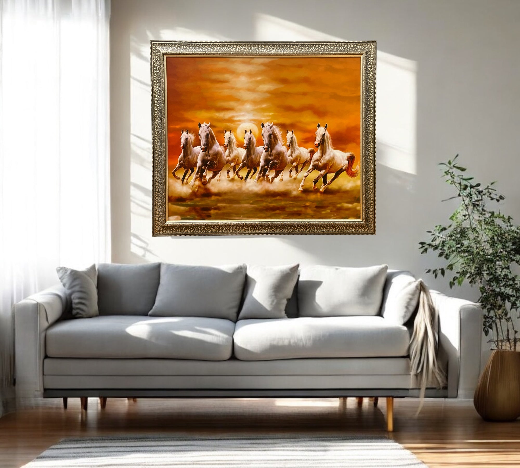 7 Running Horses Canvas Art in Silver Moulded Frame