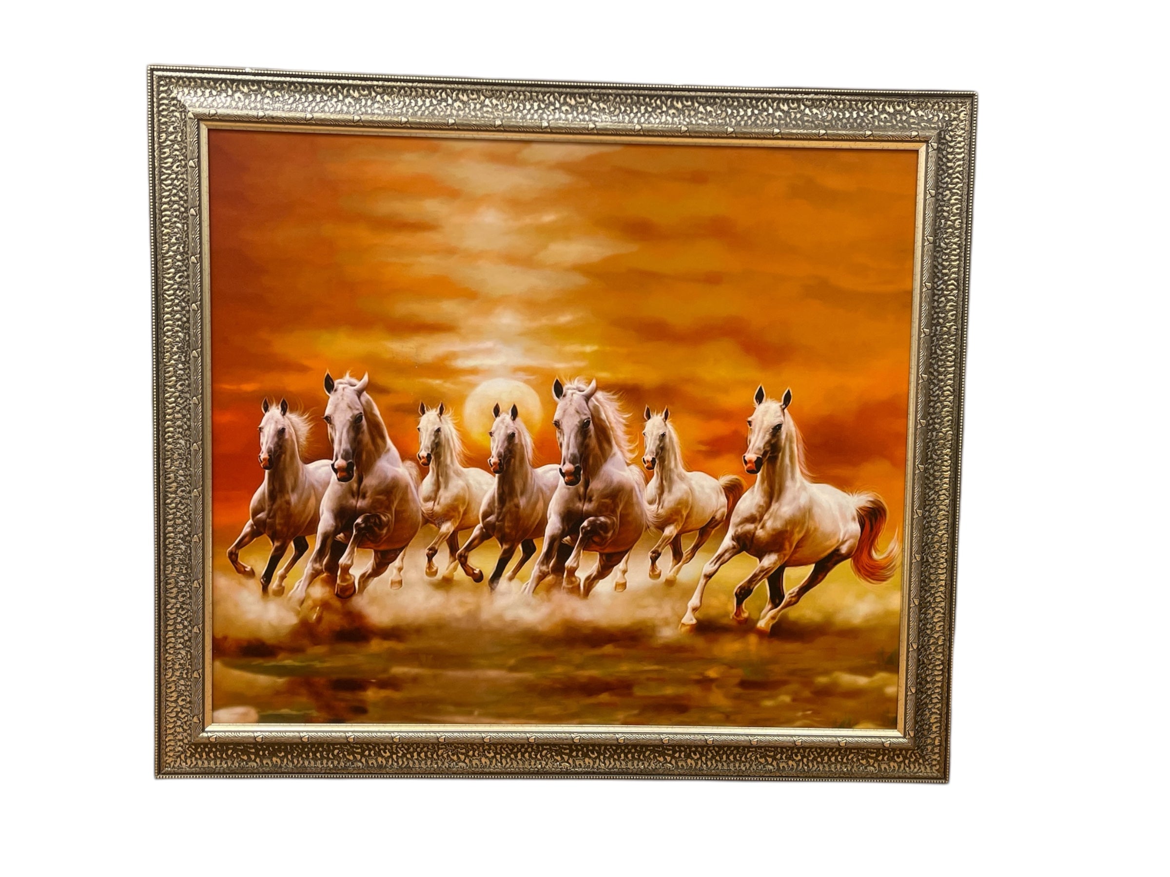 7 Running Horses Canvas Art in Silver Moulded Frame