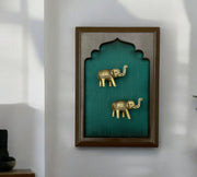 Brass Elephant Couple With Rama Green Silk in Wooden Frame