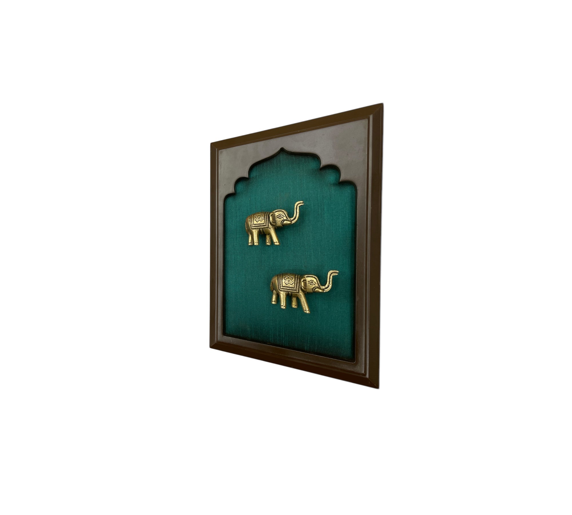 Brass Elephant Couple With Rama Green Silk in Wooden Frame