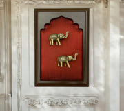 Brass Elephant Couple With Wine Red Silk in Wooden Frame