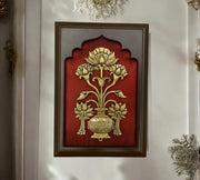 Brass Flower vase with Wine silk in wooden frame
