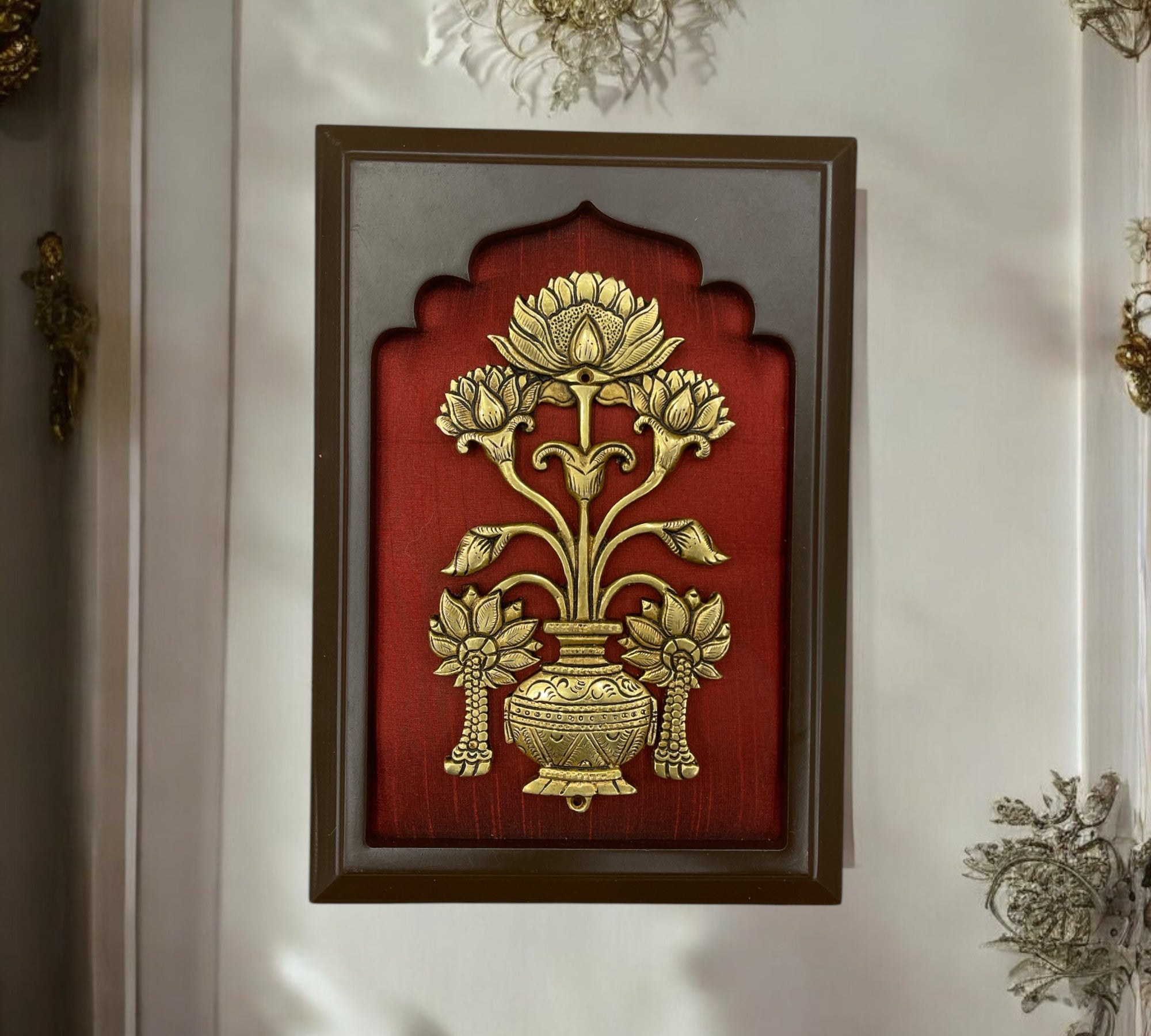 Brass Flower vase with Wine silk in wooden frame