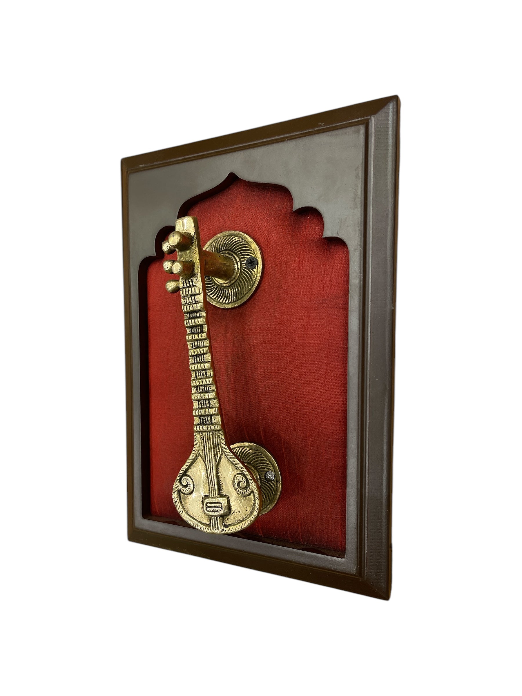 Brass Veena with Red Silk in Wooden Frame