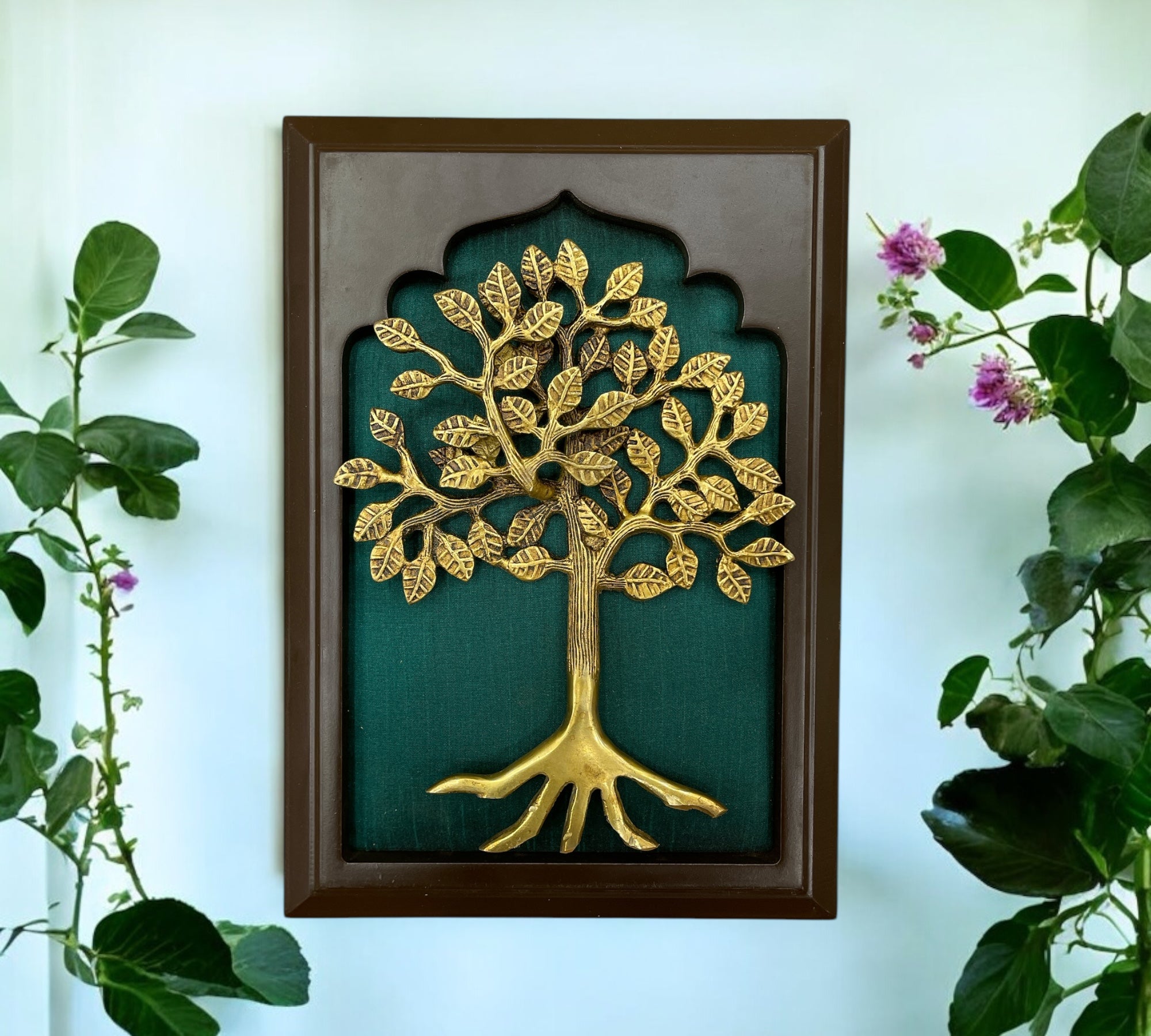 Brass Kalpavriksha with Green Silk in wooden frame