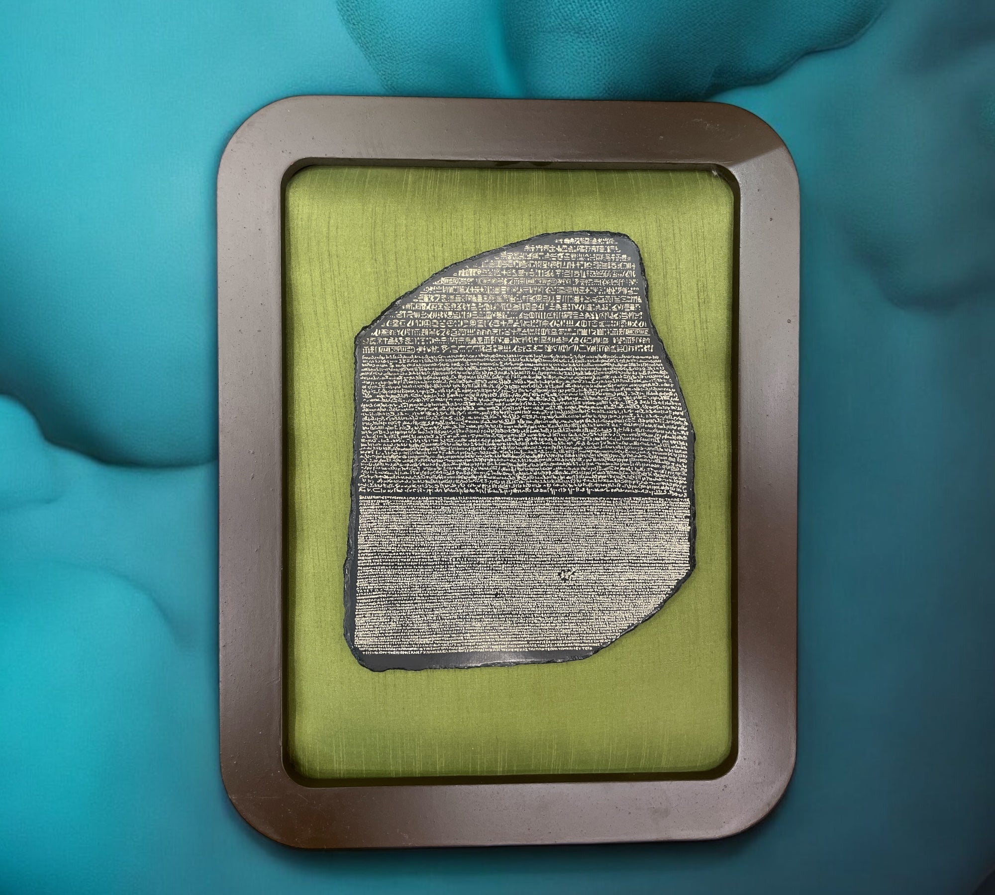 Rosetta Stone artifact with Green silk in wooden frame