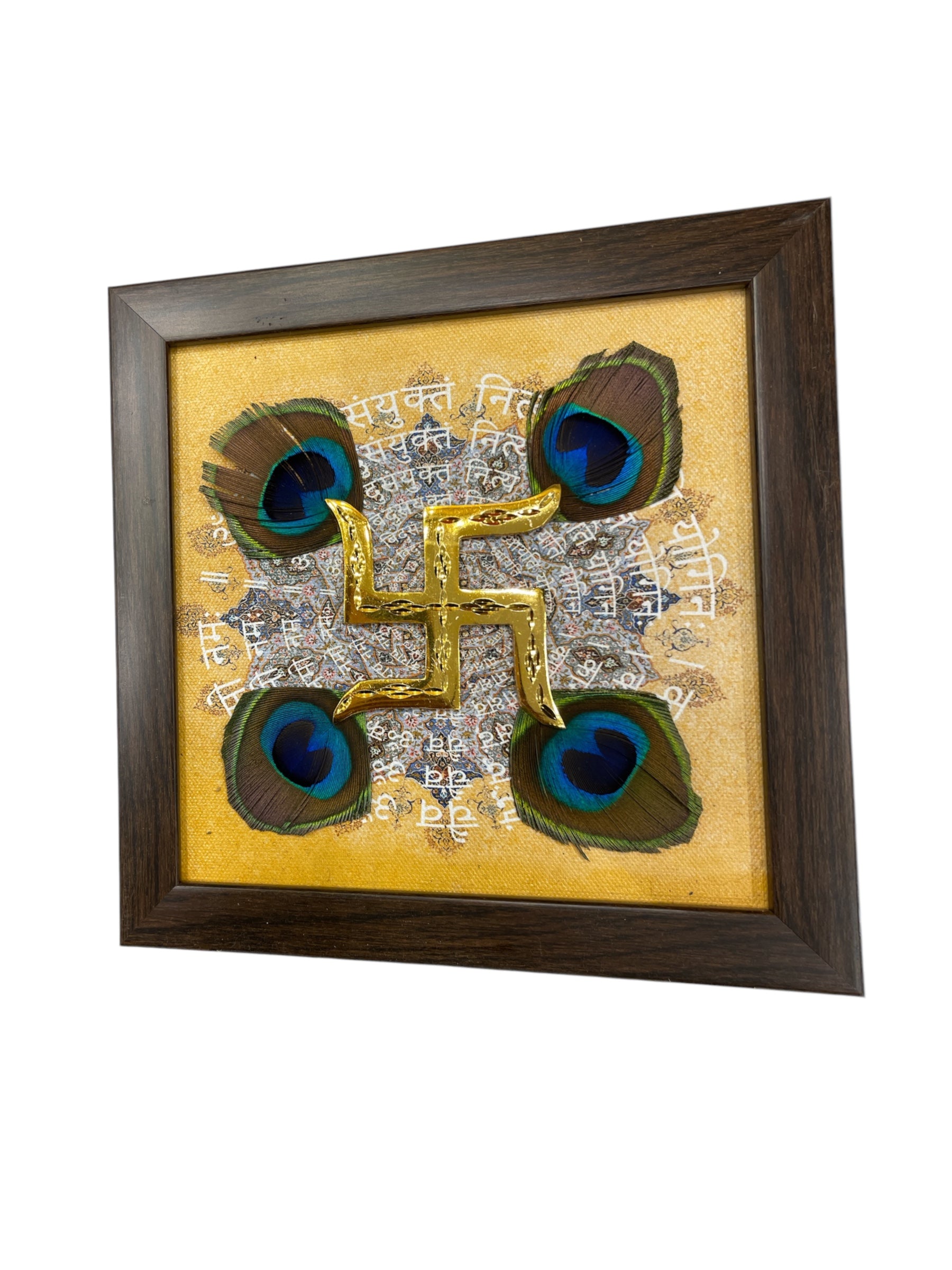 Brass Swastik with Omkara Backdrop & Peacock feather in Brown Frame